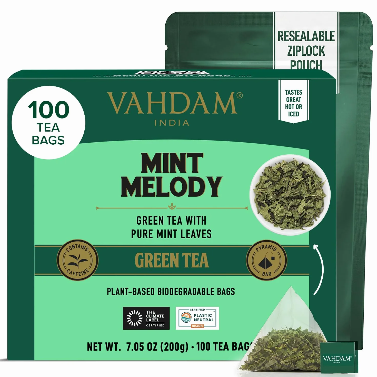 VAHDAM, Tè Verde alla Menta (100 Bustine) Basso Tenore di Caffeina | Te Verde in Foglie di Prima Qualità | In Bustina Richiudibile con Chiusura Ermetica | Tè Verde di Alta Quota