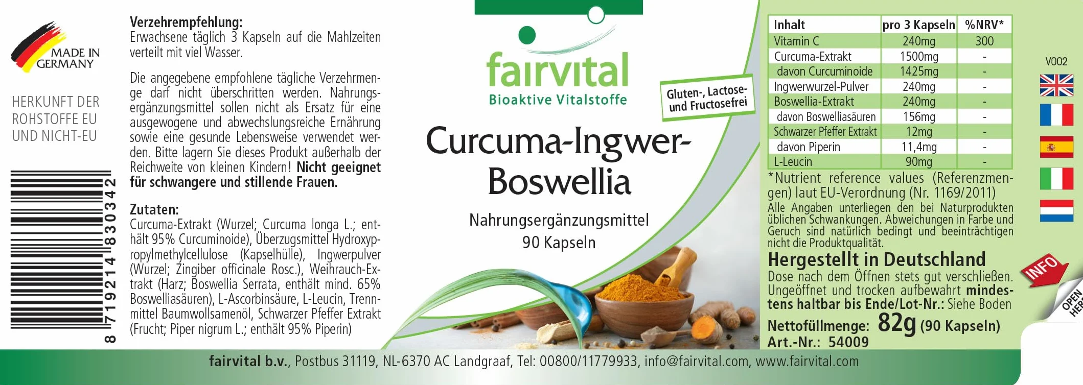 Fairvital Curcuma Zenzero Boswellia Vitamina C 90 Capsule Vegane Pepe Nero