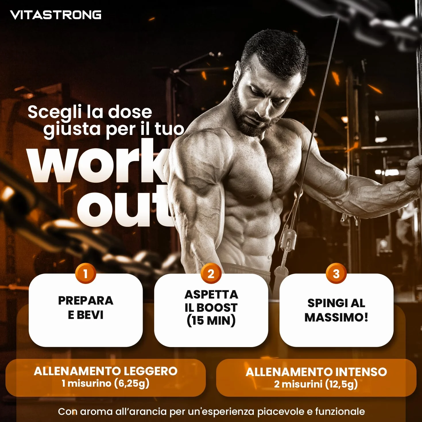 Pre Workout Potente 300g, con Vitamina B12, L Citrullina, Beta Alanina,Taurina, AstraGin, Vitastrong Pre Workout Made in Italy (24 Porzioni (Confezione da 1),Orange - No Caffeine)