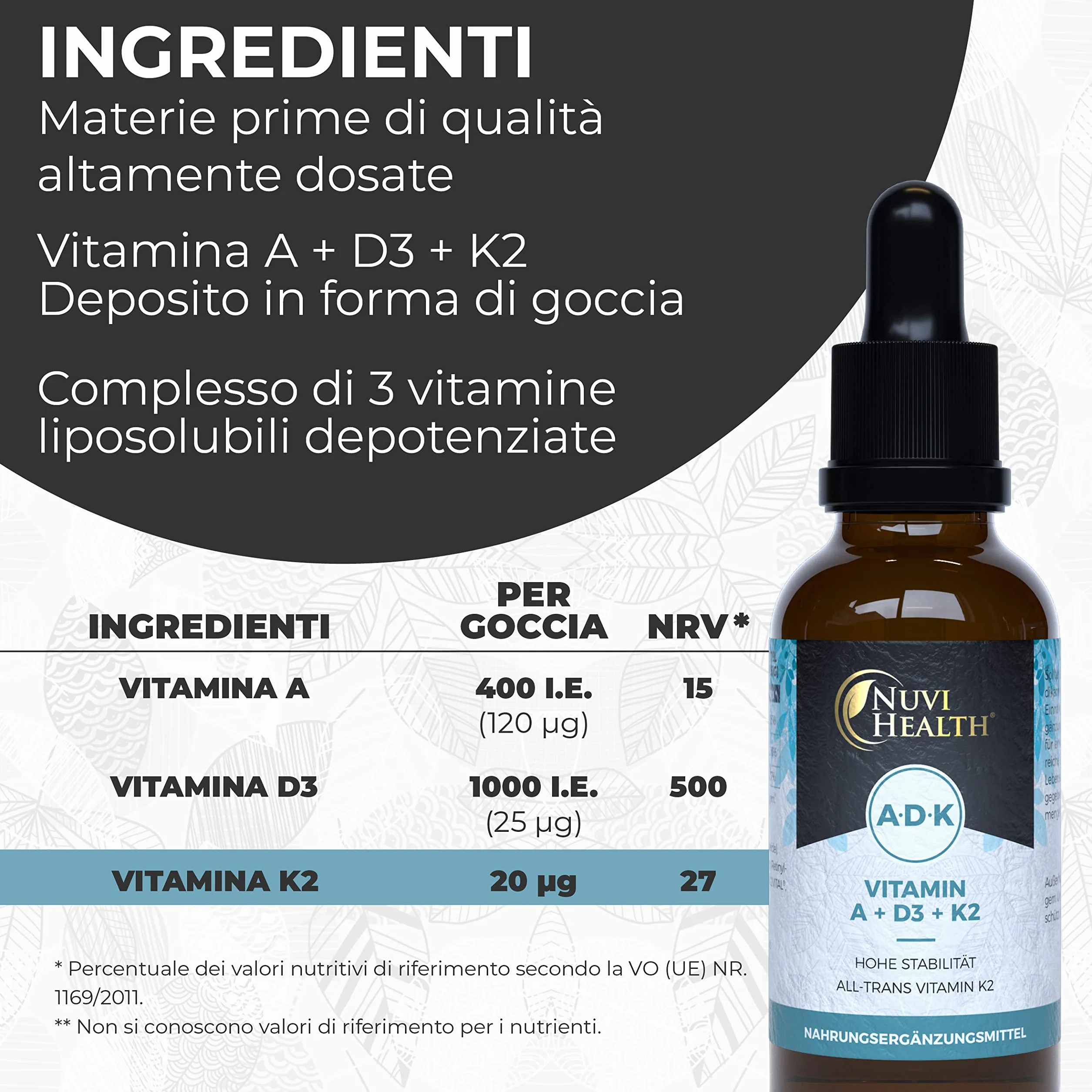 Vitamina A + D3 + K2 Drops - 50 ML - Premium: 99.7+% All-Trans (K2VITAL® by Kappa) + Vitamina D3 + A (Retinolo) altamente biodisponibile - Liquido