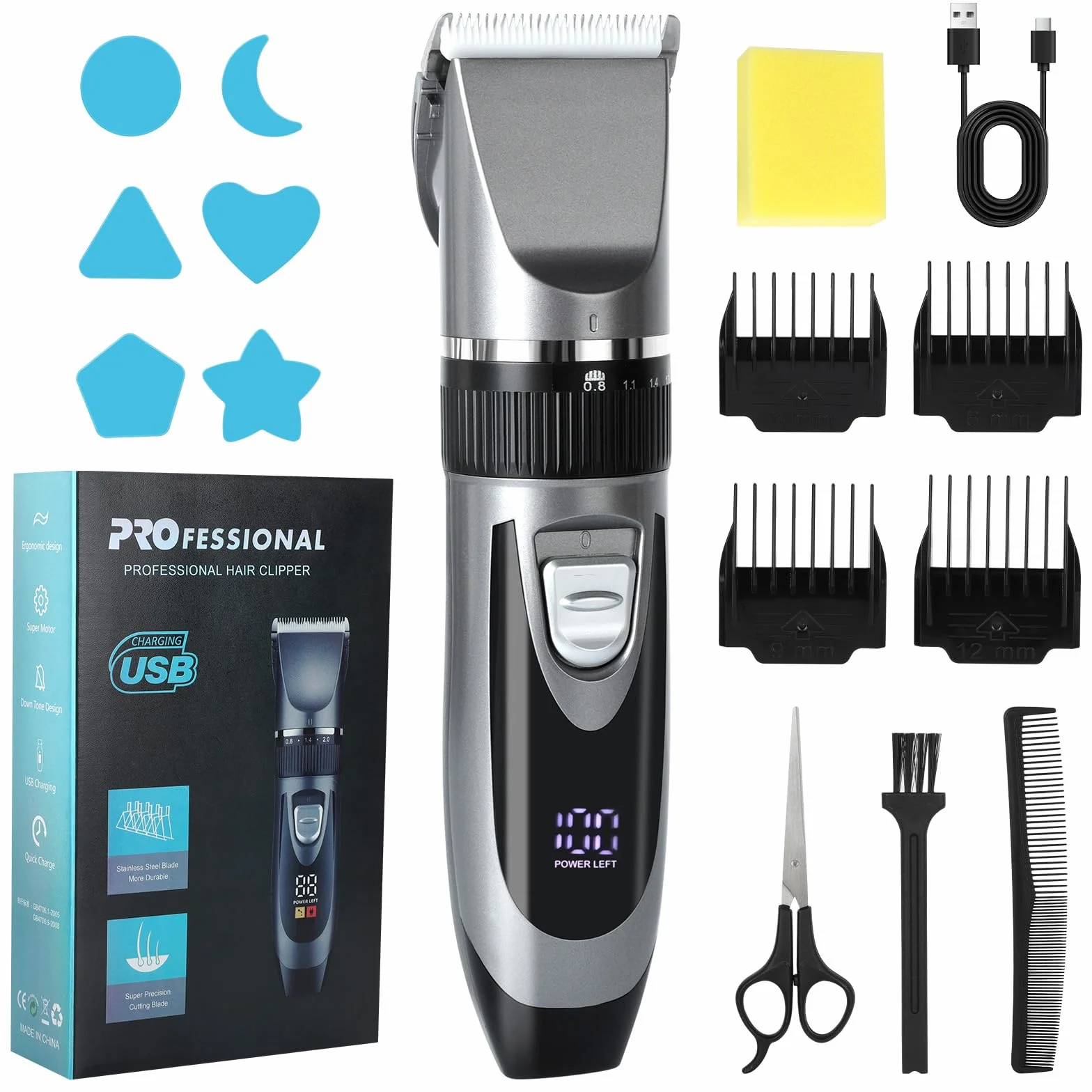 Cozary Rasoio Elettrico Barba, Macchinetta per Capelli, Tagliacapelli Uomo Professionale, Ricarica USB con Display a LED, 4 Pettini Guida, Senza Fili Trimmer, Regolabarba Uomo per Famiglia/Barbiere