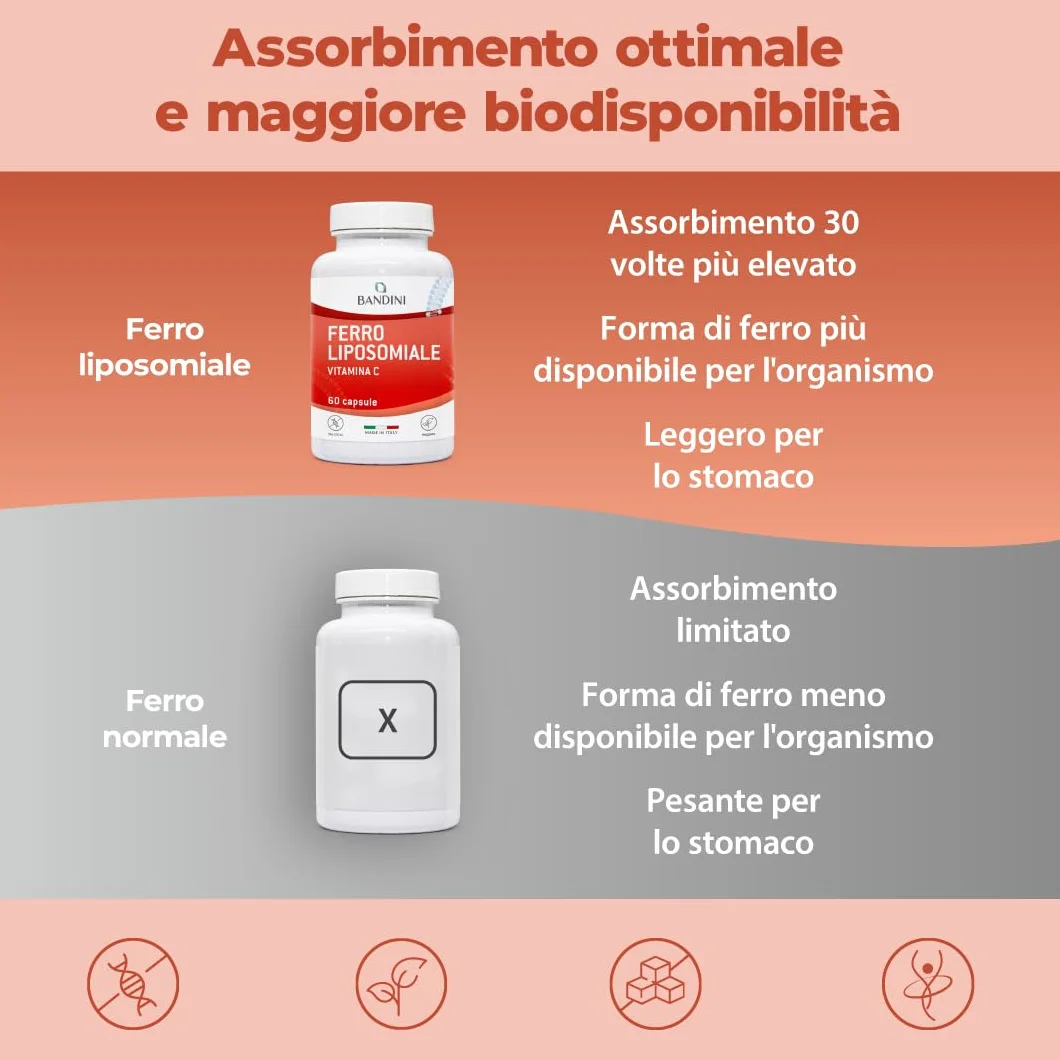 Bandini® Ferro Liposomiale Complex 30 mg – con Vitamina C, Acido Folico, B12, B6 e A – Alta Biodisponibilità e assorbimento, contro Stanchezza e Affaticamento – 60 Capsule per 2 mesi