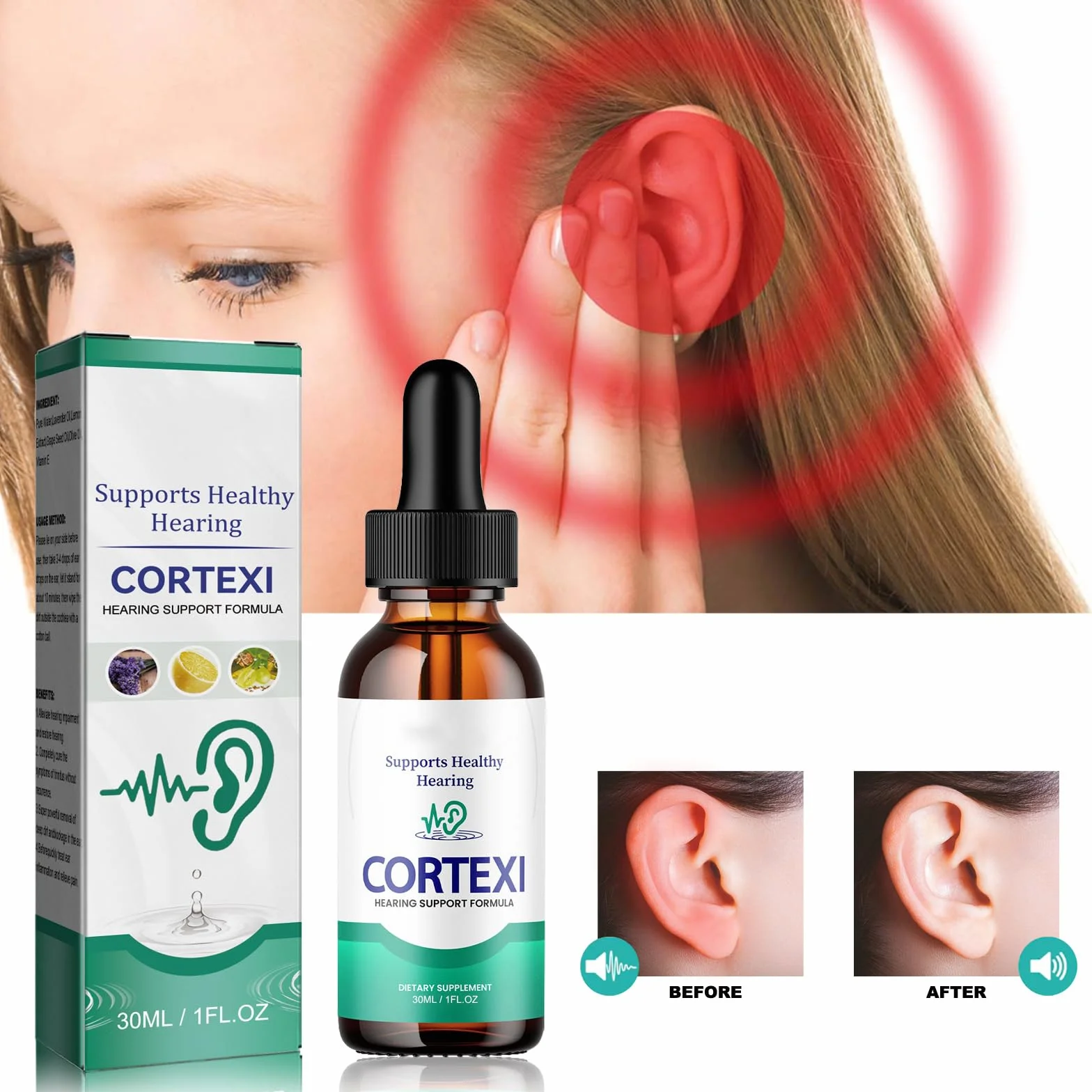 Gocce per orecchie, acufeni, allevia i dolori uditivi, allevia l'orecchio, gocce di cura per le infezioni uditive, 30 ml, 1 pz