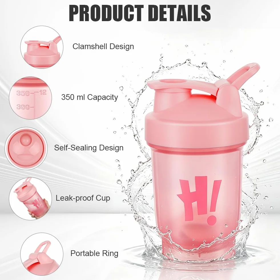 AOOWU Shaker per Proteine, 2 Pcs Shaker Proteico 350 ML con Sfera di Miscelazione, Agitatore Snap-Fit, Protein Bottiglie a Prova di Perdite, Bottiglie per Miscele di Proteine e Integratori, Senza BPA