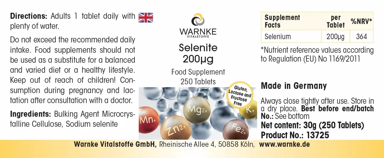Selenite 200μg - 250 compresse - 200μg di selenio per compressa - Selenito di sodio - ALTO DOSAGGIO - Qualità farmaceutica tedesca - Vegano | Warnke Vitalstoffe