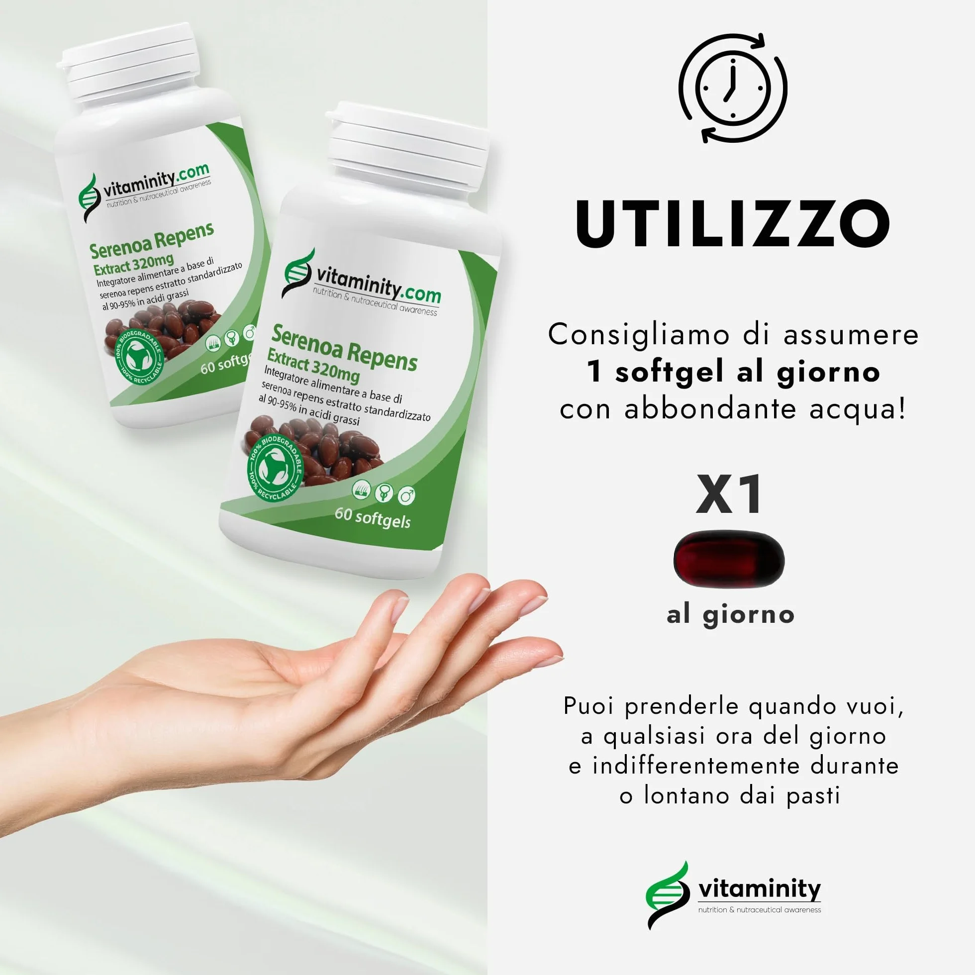 Serenoa Repens 320 mg 90-95% Integratore per Prostata e Capelli 60 Capsule Softgel