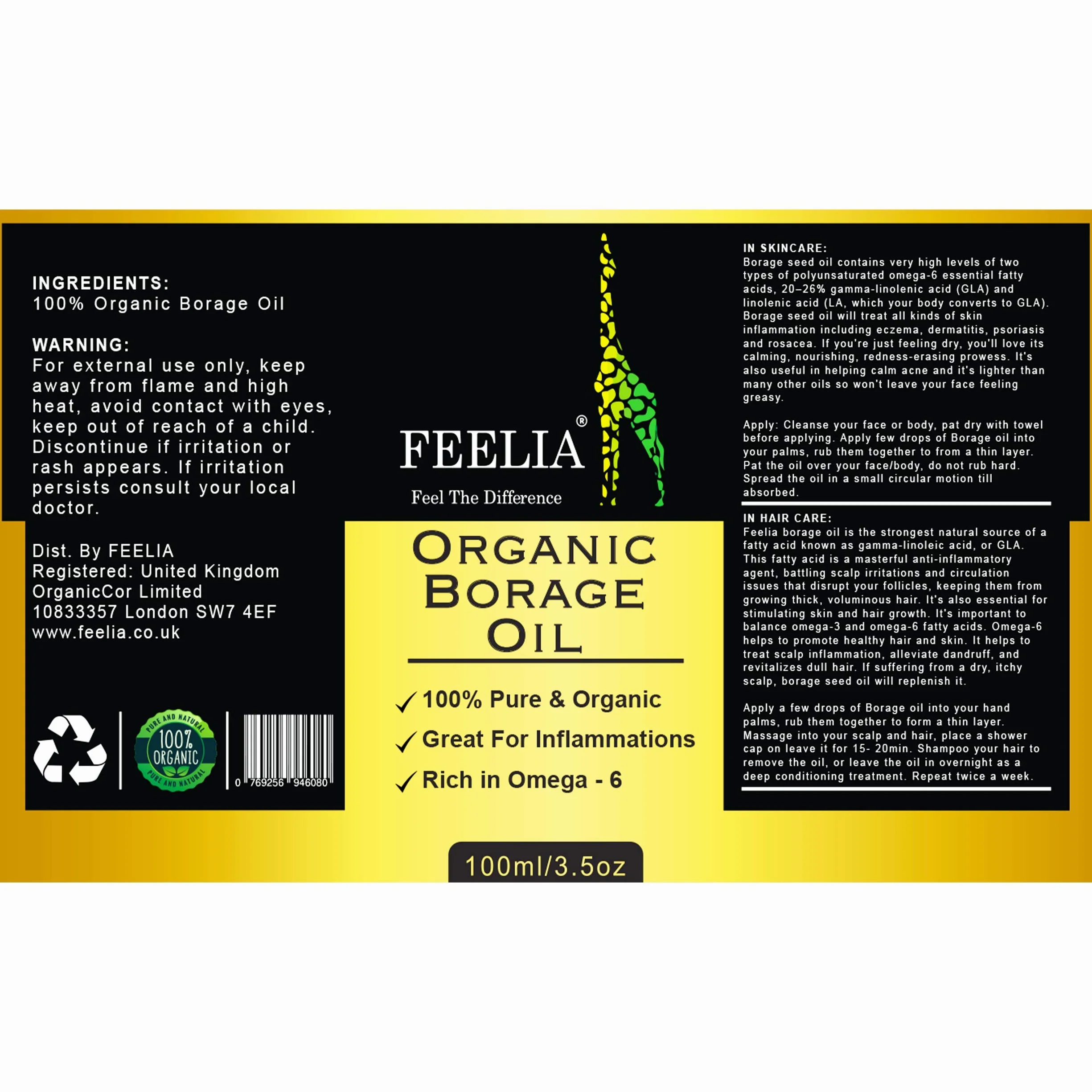Feelia Olio di borragine organico spremuto a freddo ricco di Omega 6 100% puro