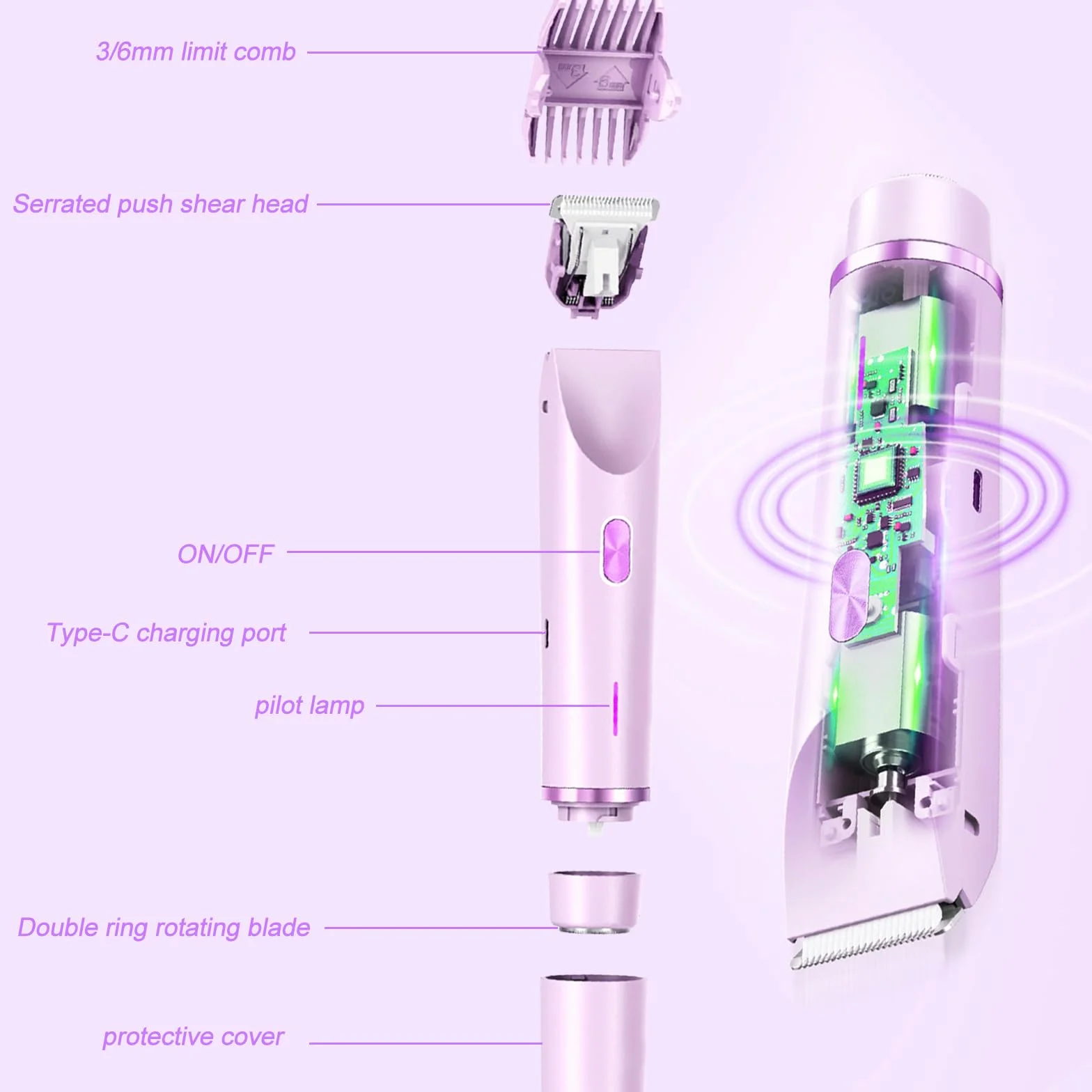 Rasoio Elettrico Donna, 2 in 1 IPX7 Rasoio Elettrico Intimo Donna, Depilazione Indolore Rasoio per Corpo Ascelle Gambe Bikini, Uso Bagnato e Asciutto(Viola)