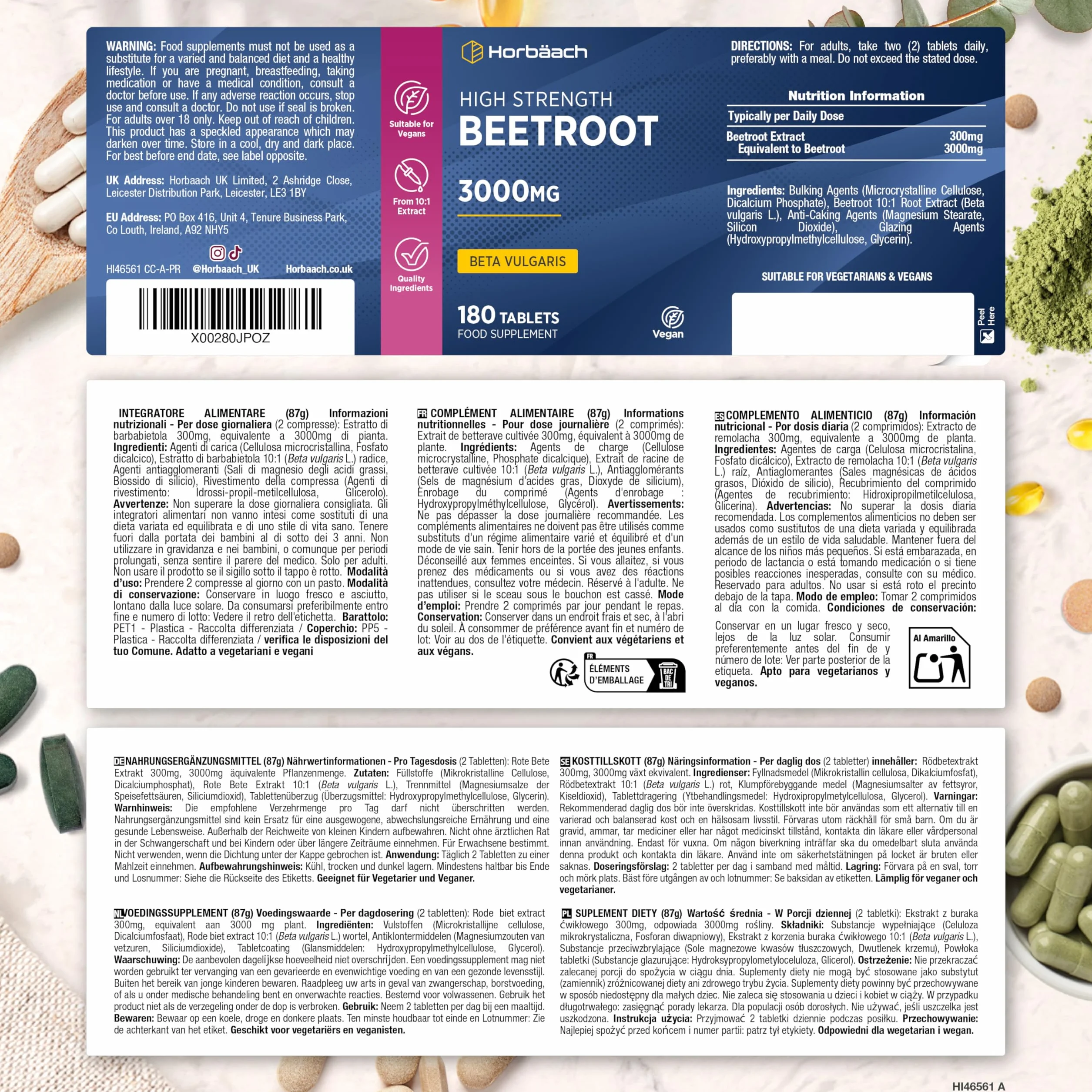 Horbaach Barbabietola Rossa Compresse 3000mg Beetroot Supplement 180 Compresse Vegane