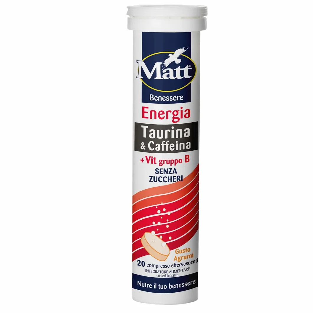 Matt Energia Integratore Alimentare Taurina Caffeina Vitamine Gruppo B 20 Compresse Gusto Agrumi