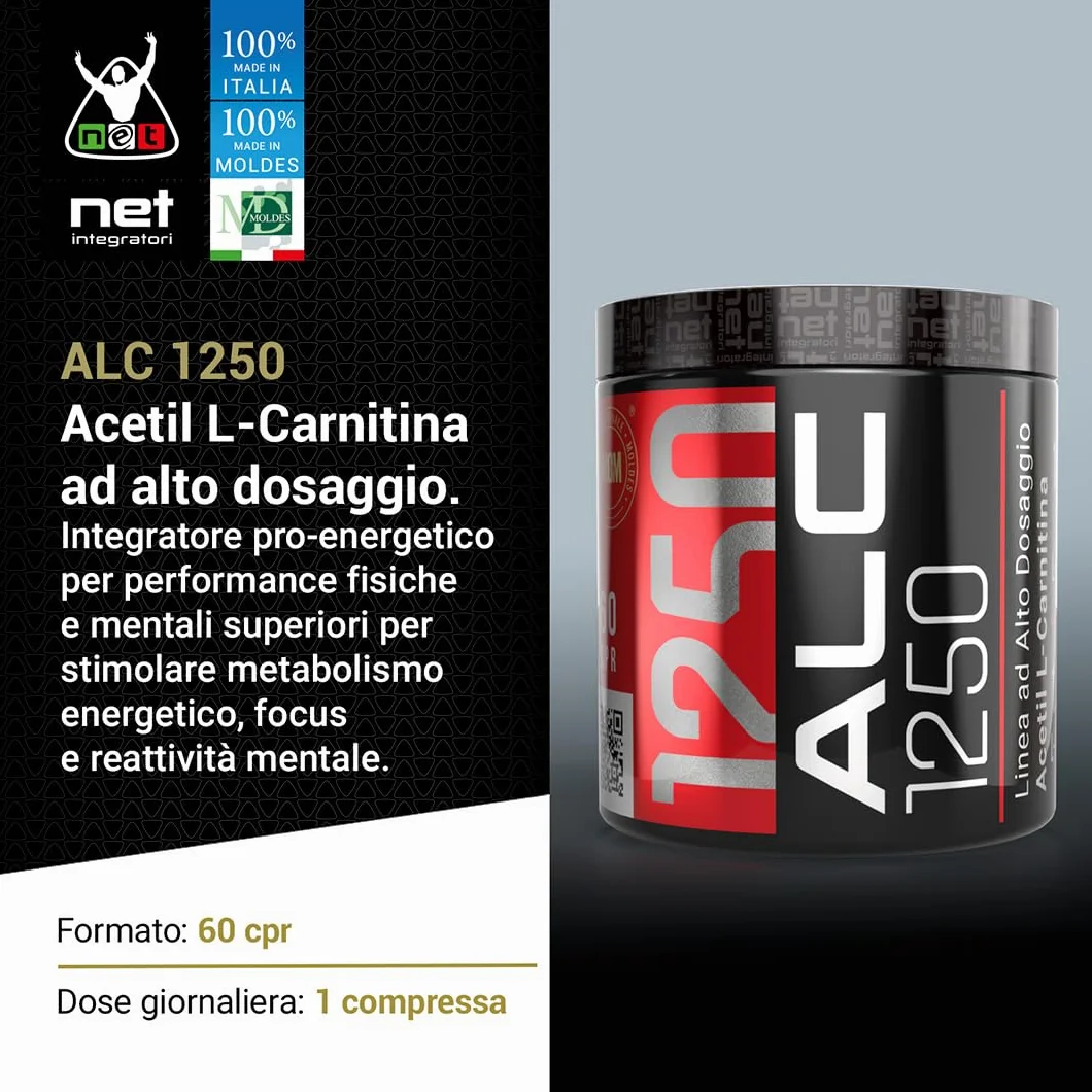 Net Integratori ALC 1250 60 compresse Integratore Acetil L-Carnitina Alto Dosaggio Pre Workout