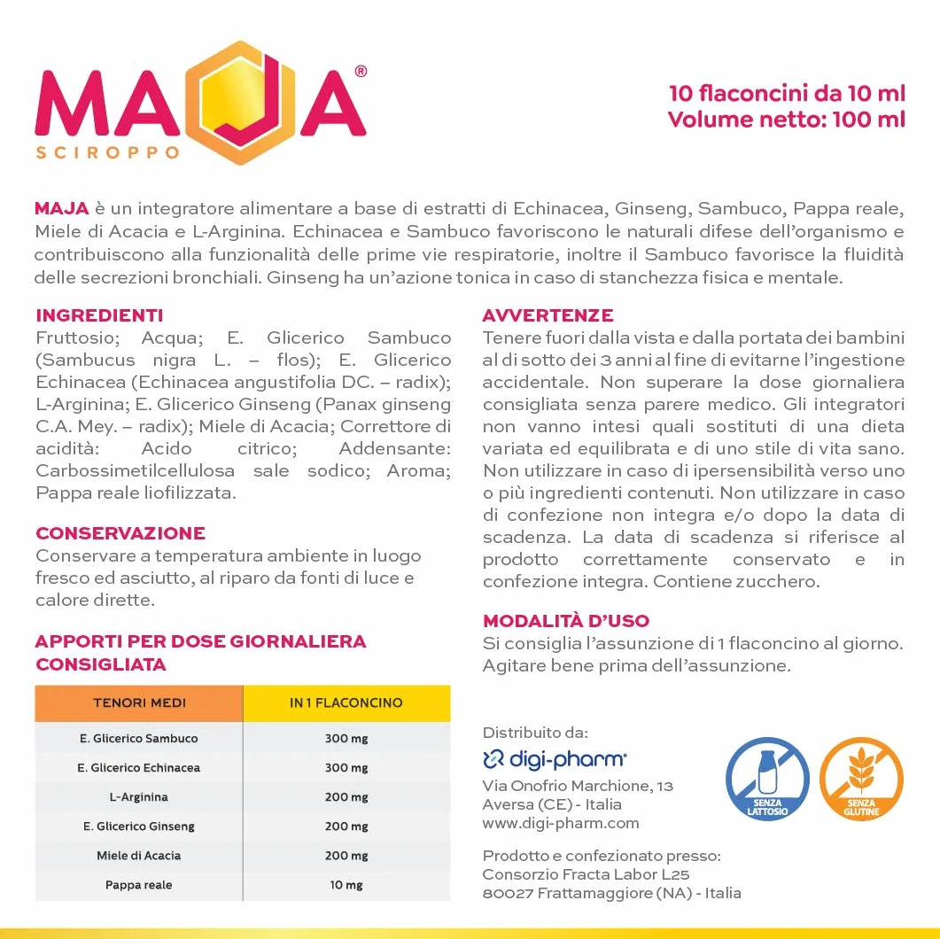MAJA Pappa Reale Integratore Ricostituente Energia Fisica e Mentale con Echinacea Miele di Acacia Ginseng Sanbuco Arginina 10 Flaconi Made in Italy