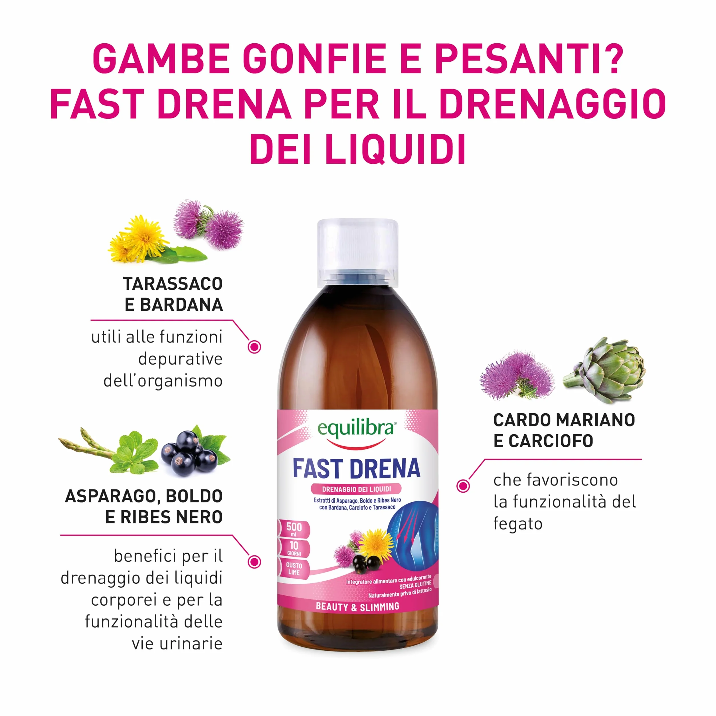 Equilibra Fast Drena Integratore Alimentare 500 ml Lime Drenaggio Liquidi Vie Urinarie Fegato