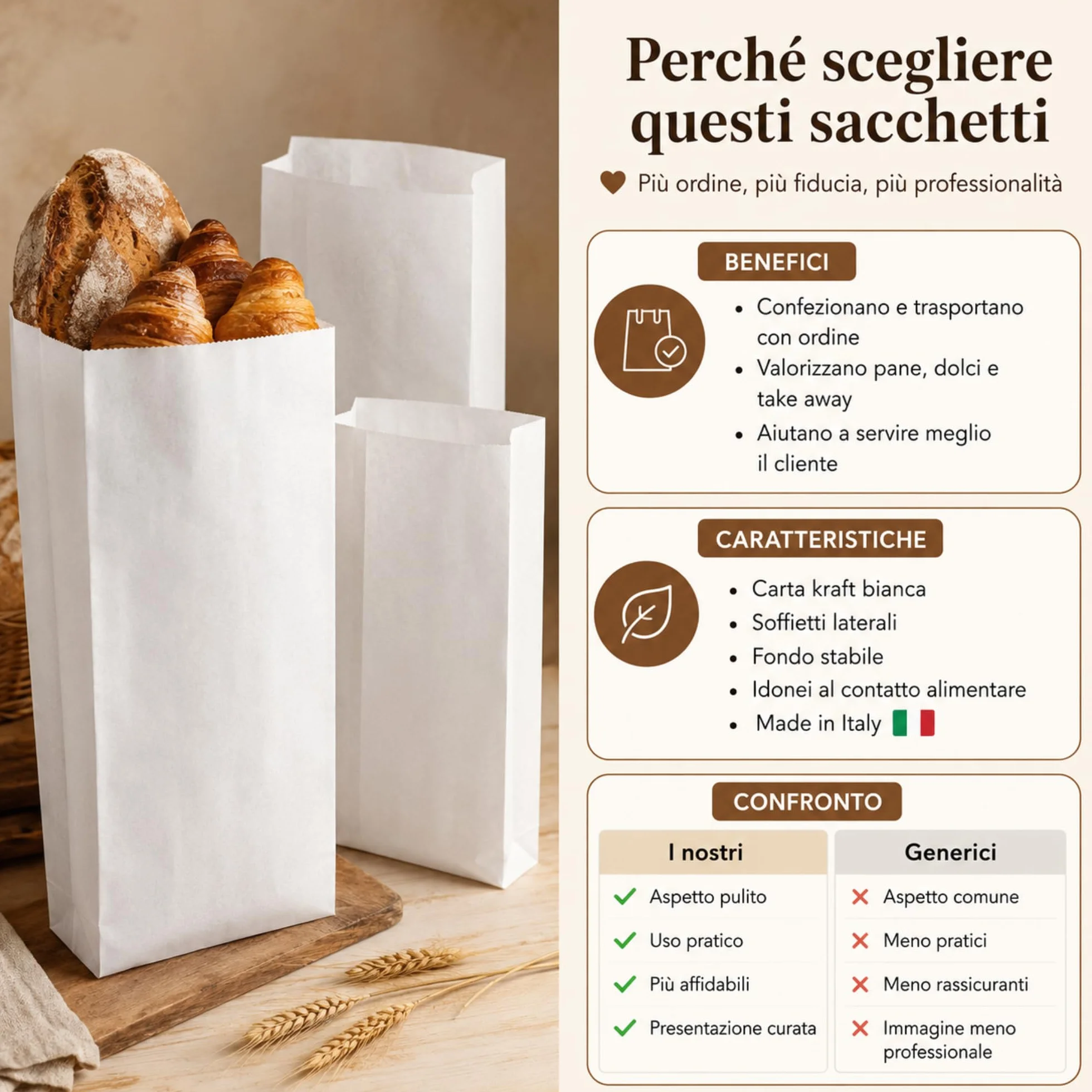 Sacchetti Carta per Alimenti Kraft 10 kg 14x28 cm Fondo Rinforzato Soffietti Laterali
