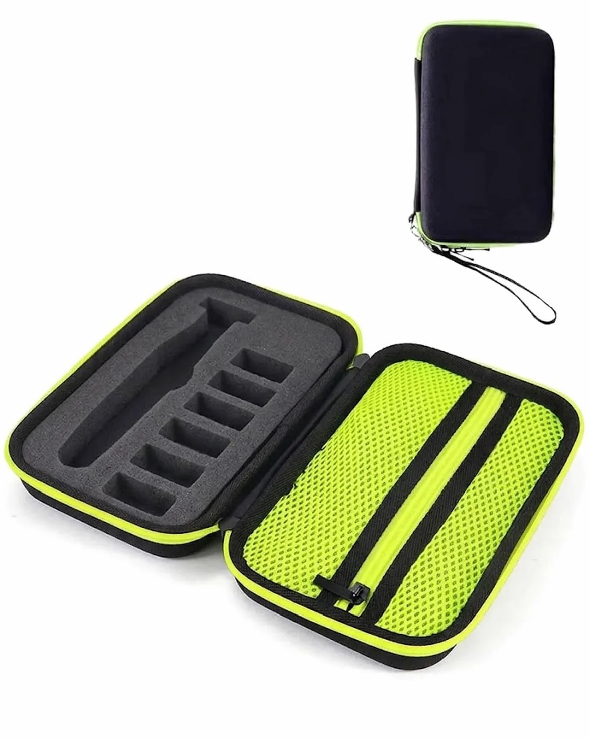 Custodia Rigida da Viaggio in pelle per Philips OneBlade QP2520 QP2530 QP2620 QP2630 QP2734 QP2824/30 QP2834/31 QP4631 QP6550 con Zipper Interno e Pennello,Nero + Verde