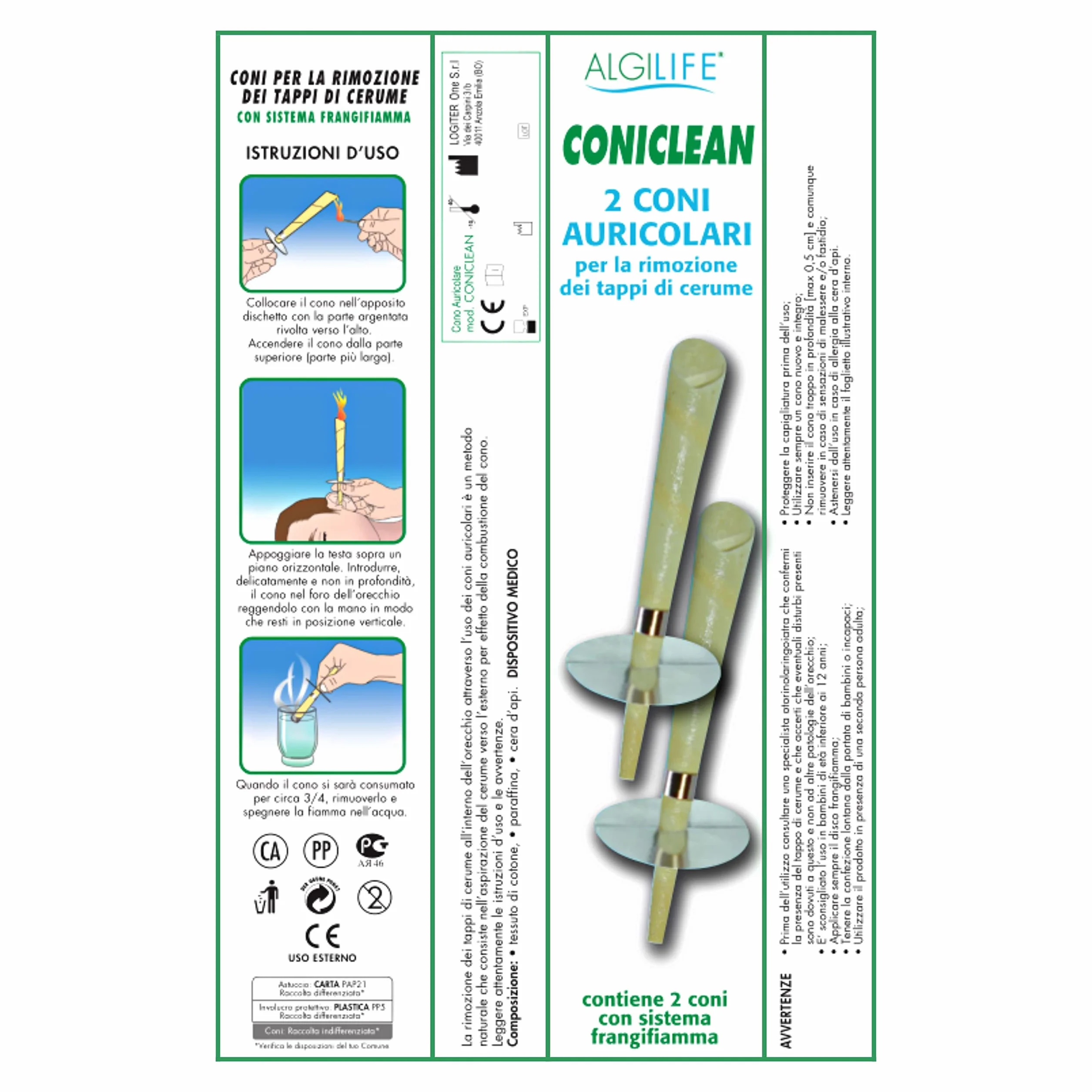 ALGILIFE ConiClean Coni Auricolari per Rimozione Tappi Cerume, Candele con Cera d'Api e Filtro Frangifiamme, 2 Pezzi