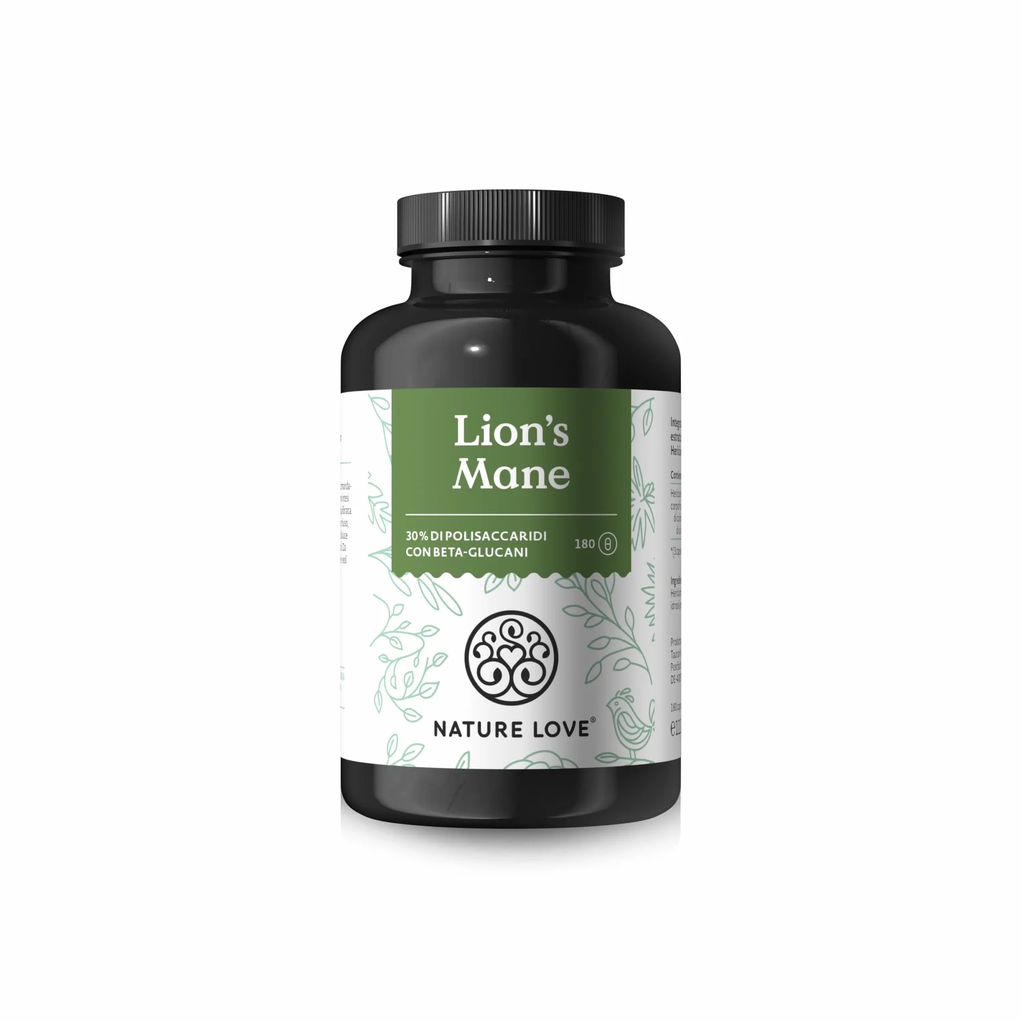 NATURE LOVE® Lions Mane (Hericium Erinaceus) - 180 capsule - Alto dosaggio, 1500mg/dose giornaliera - 30% di polisaccaridi e 5% di beta glucani - Vegano, testato in laboratorio e made in Germany