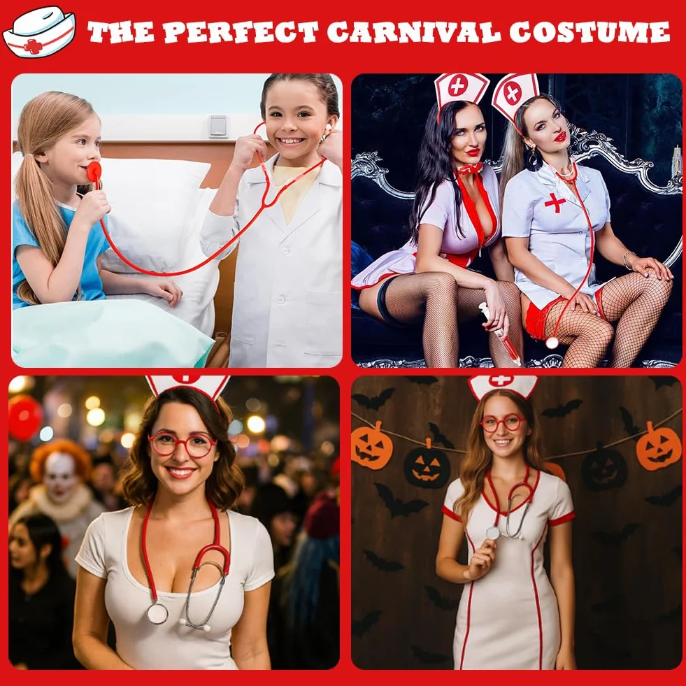 Costume infermiera Halloween Set con cappello, stetoscopio, giarrettiera, calze rosse e penna siringa
