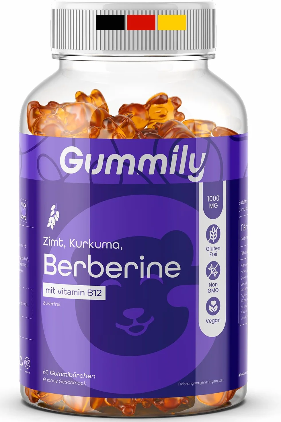 Gommose Premium alla Berberina con Cannella di Ceylon, Estratto di Curcuma e Vitamina B12 – Senza Zuccheri – Vegane – Senza OGM – Gummily