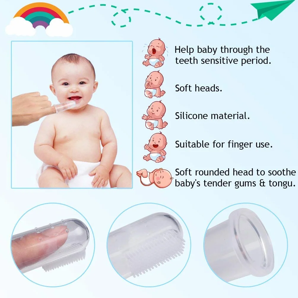 Spazzolino morbido & sicuro da denti per bambino, Spazzolino da denti di dito in Silicone per ragazzi, Spazzolino da denti in gomma, Impacco trasparente per massaggi (3 pezzi di insieme).
