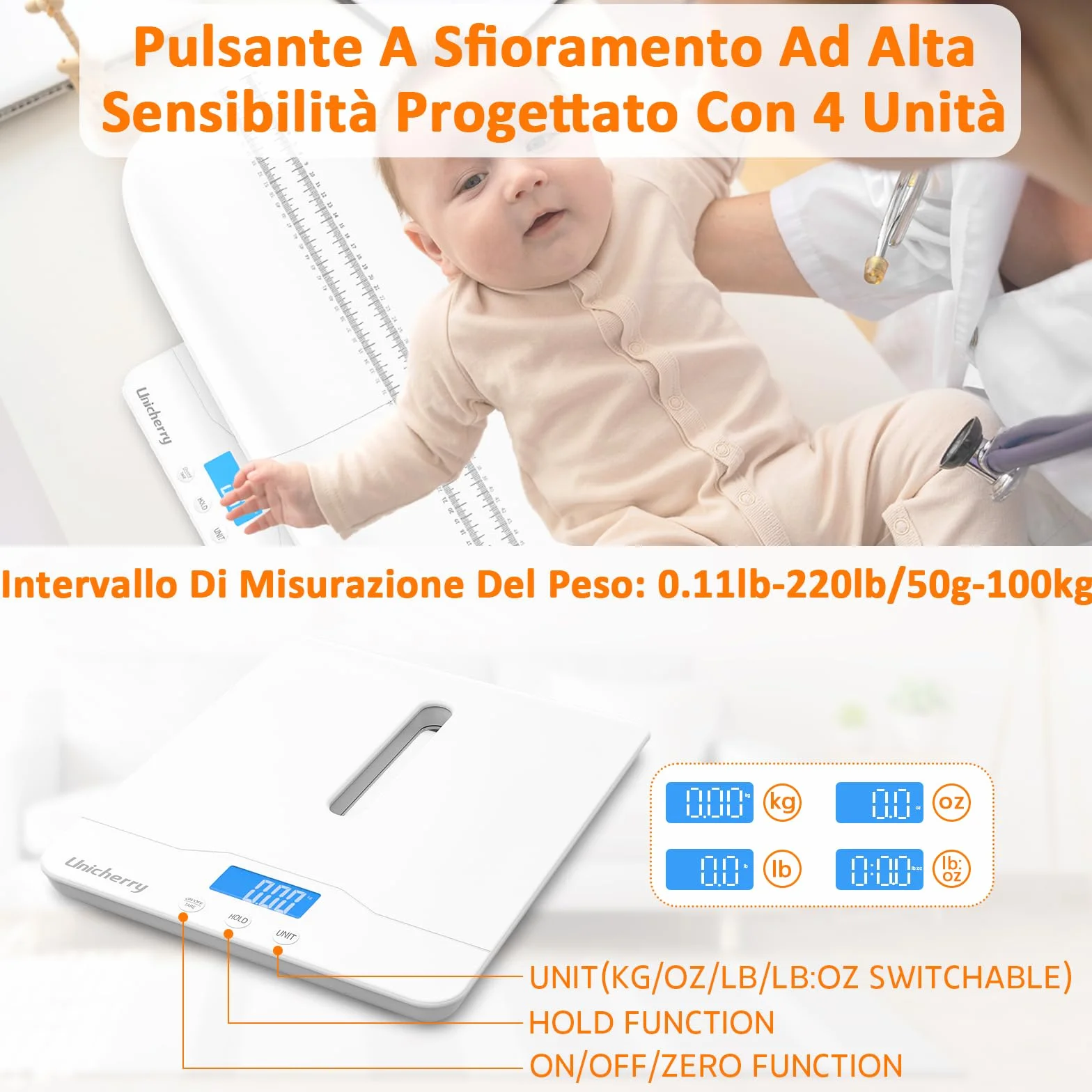 Bilancia Neonato Digitale Multifunzionale con Vassoio Removibile, Funzioni Tare e Hold