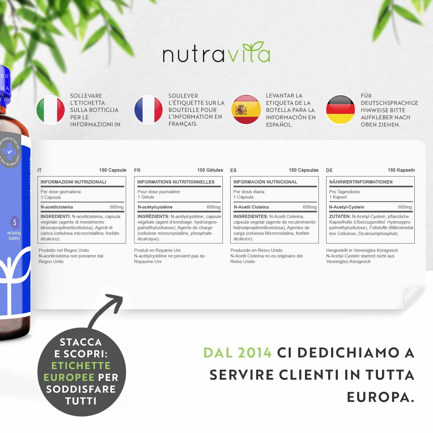 Nutravita NAC N-Acetil-Cisteina 600mg - 150 Vegan Capsule (5 Mesi) - Alta Qualità & Alto Dosaggio di N Acetilcisteina - NAC 600 mg Integratore - Nac600 - Aminoacidi Essenziali Supplemento