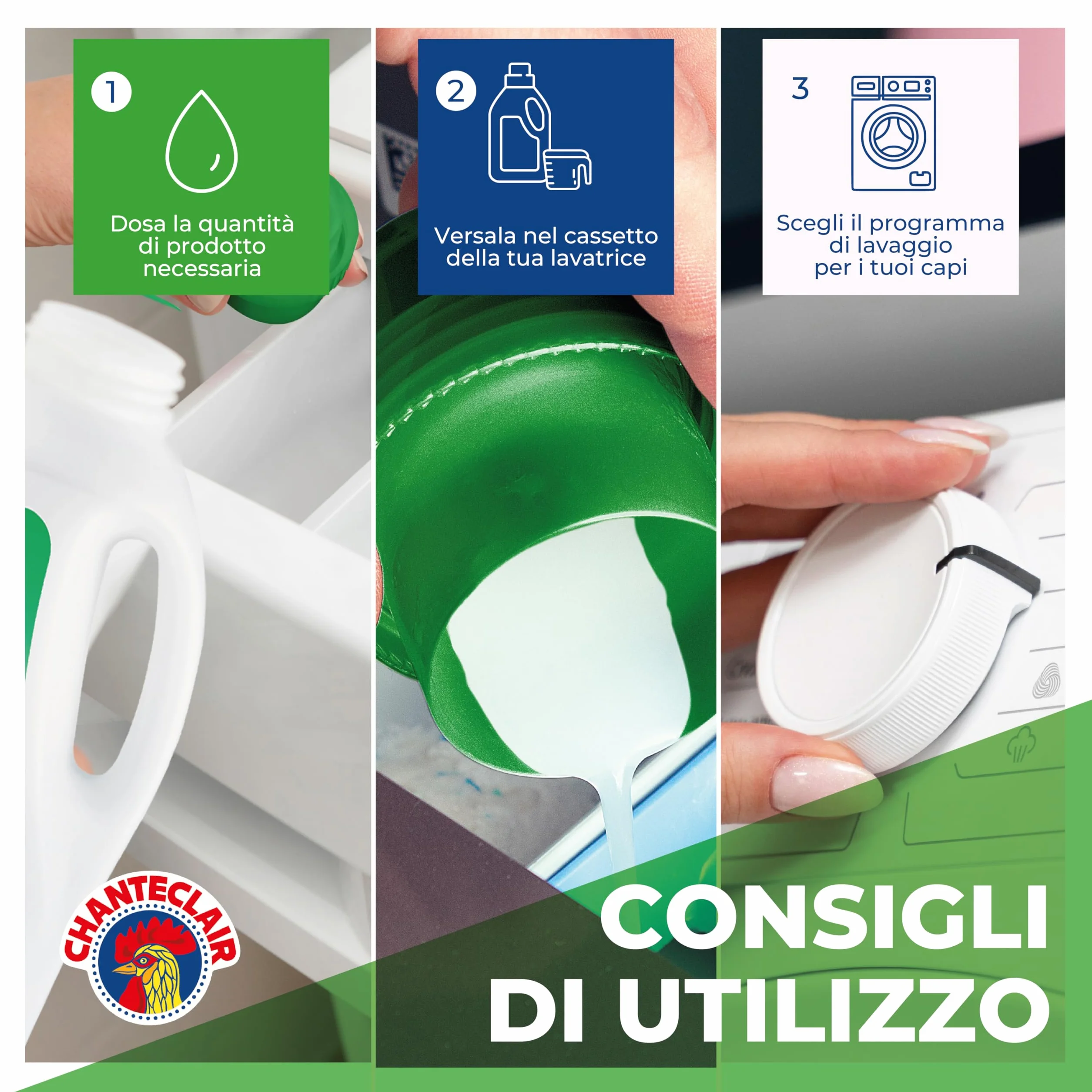 Chanteclair - Detersivo per Lavatrice, Profumo Muschio Bianco, Formula Concentrata, con Vero Sgrassatore - 3 Flaconi da 1260 ml