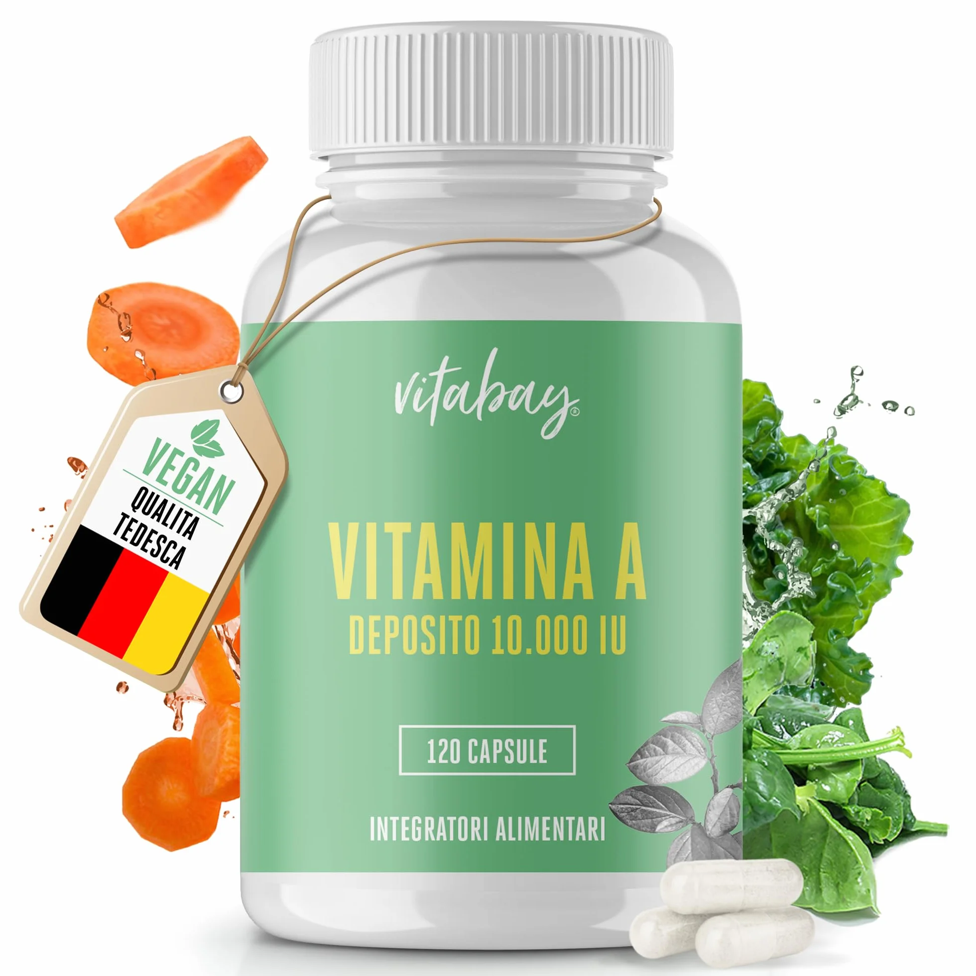 Vitabay Vitamina A capsule ad alto dosaggio – 120 capsule vegane di vitamina A retinolo 10000 UI – Vitamine A per occhi, pelle e sistema immunitario – Vit A Vegan – Testato in laboratorio