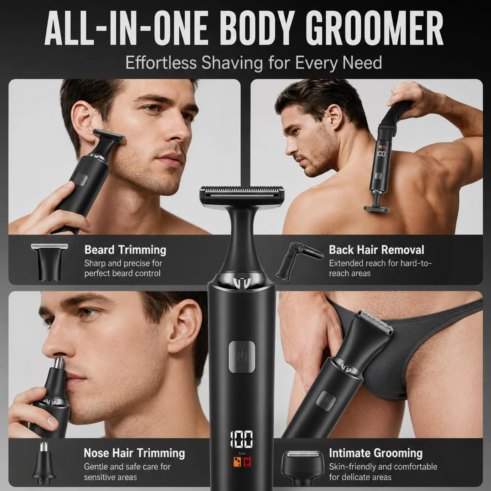 Rasoio Elettrico Per La Schiena Da Uomo, Depilatore Corpo Uomo Kit 5 In 1 Con Braccio Ausiliario Allungabile, per viso, Mento, Braccio, Schiena, Peli Pubici (A)