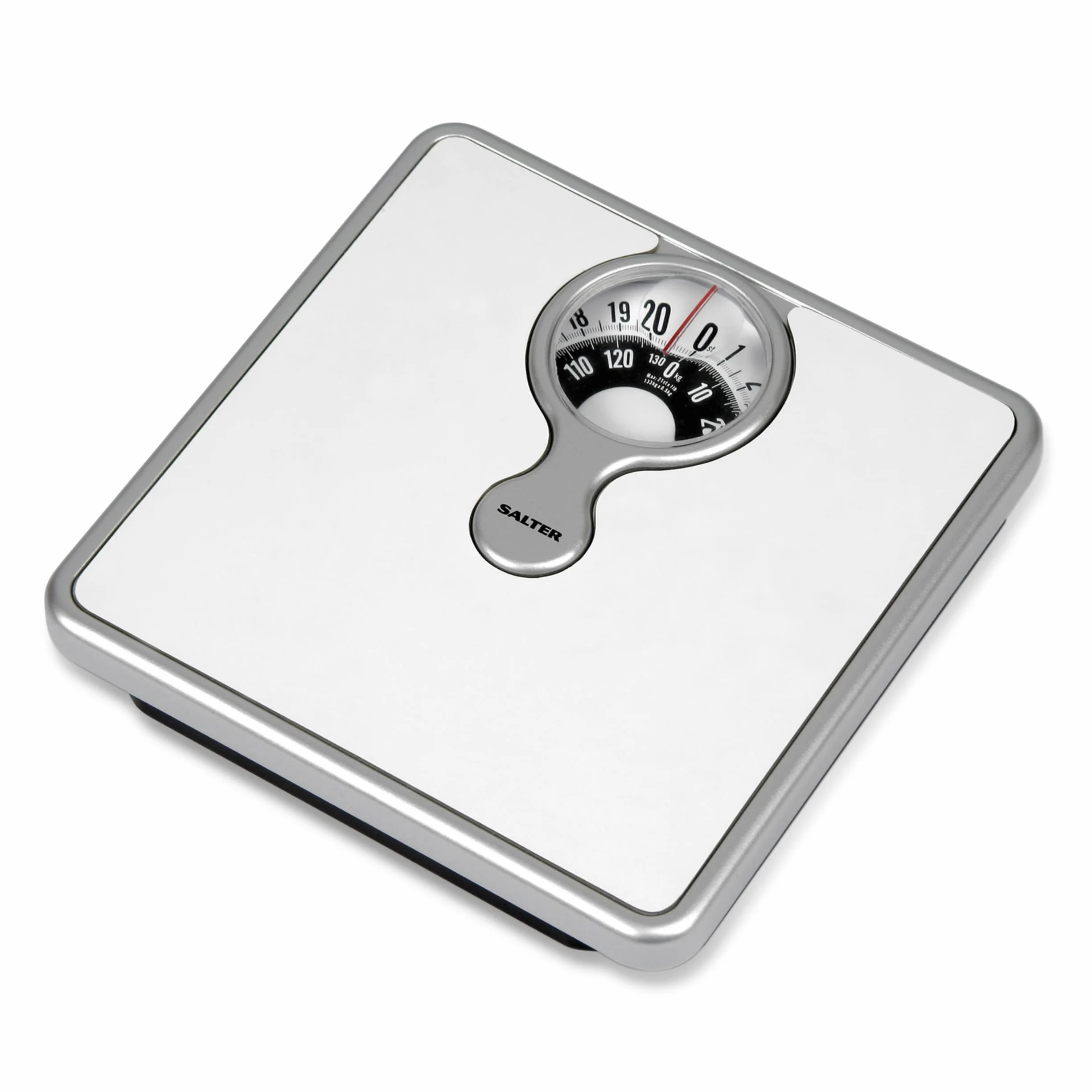 Salter Bilancia Meccanica da Bagno – Bilancia Pesa Persona Analogica, Quadrante con Lente d’Ingrandimento, Portata Massima 133 KG, Design Monocromatico, Senza Batterie, Colore Bianco