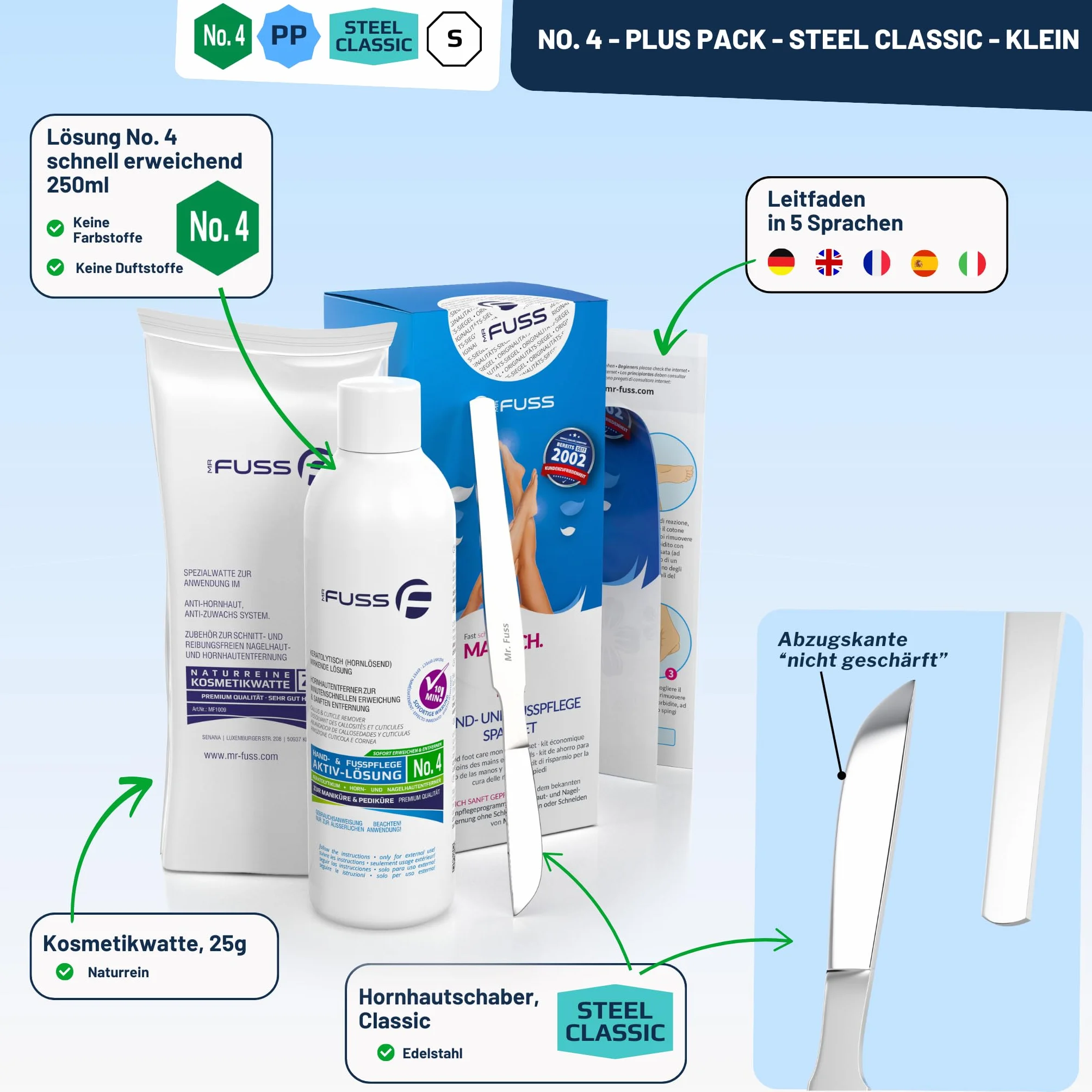 Mr. Fuss Soluzione attiva n. 4 Plus Pack Steel Classic 3 pezzi cura piedi calli