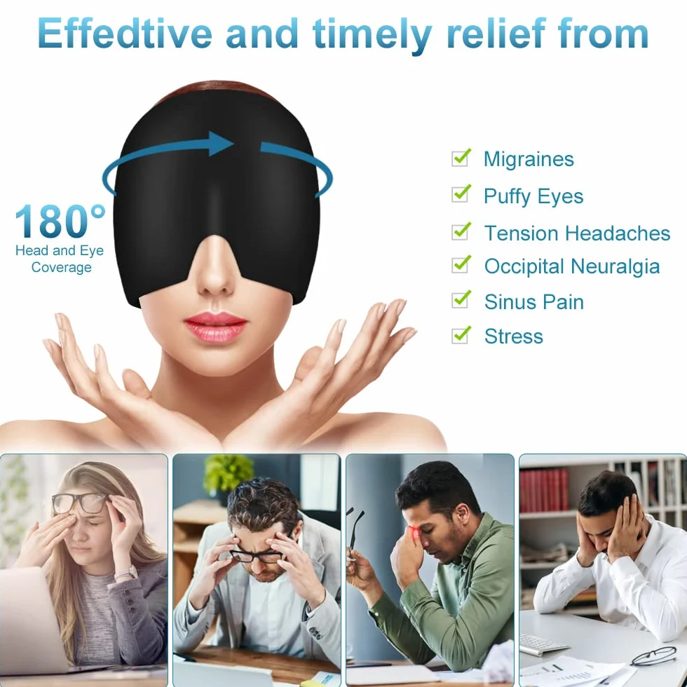 ACWOO Cappello per Emicrania, Riutilizzabile Cappello Mal di Testa Gel Ghiaccio, Confortevole Cuscinetti Terapia Caldo/Freddo per Alleviare L'emicrania, Occhi Gonfie e Sinus Stress (Nero)