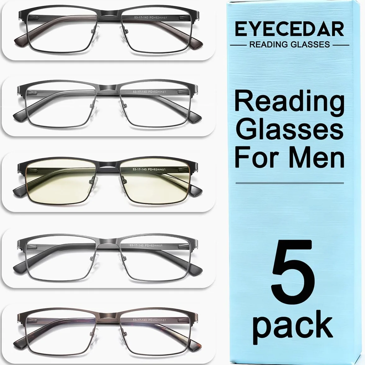 Amcedar 5-pack occhiali da lettura Uomo Cornice Rettangolare Stile Acciaio Inossidabile Materiale Metallo Primavera Cerniere Compresi Computer Occhiali da Lettura +3.00