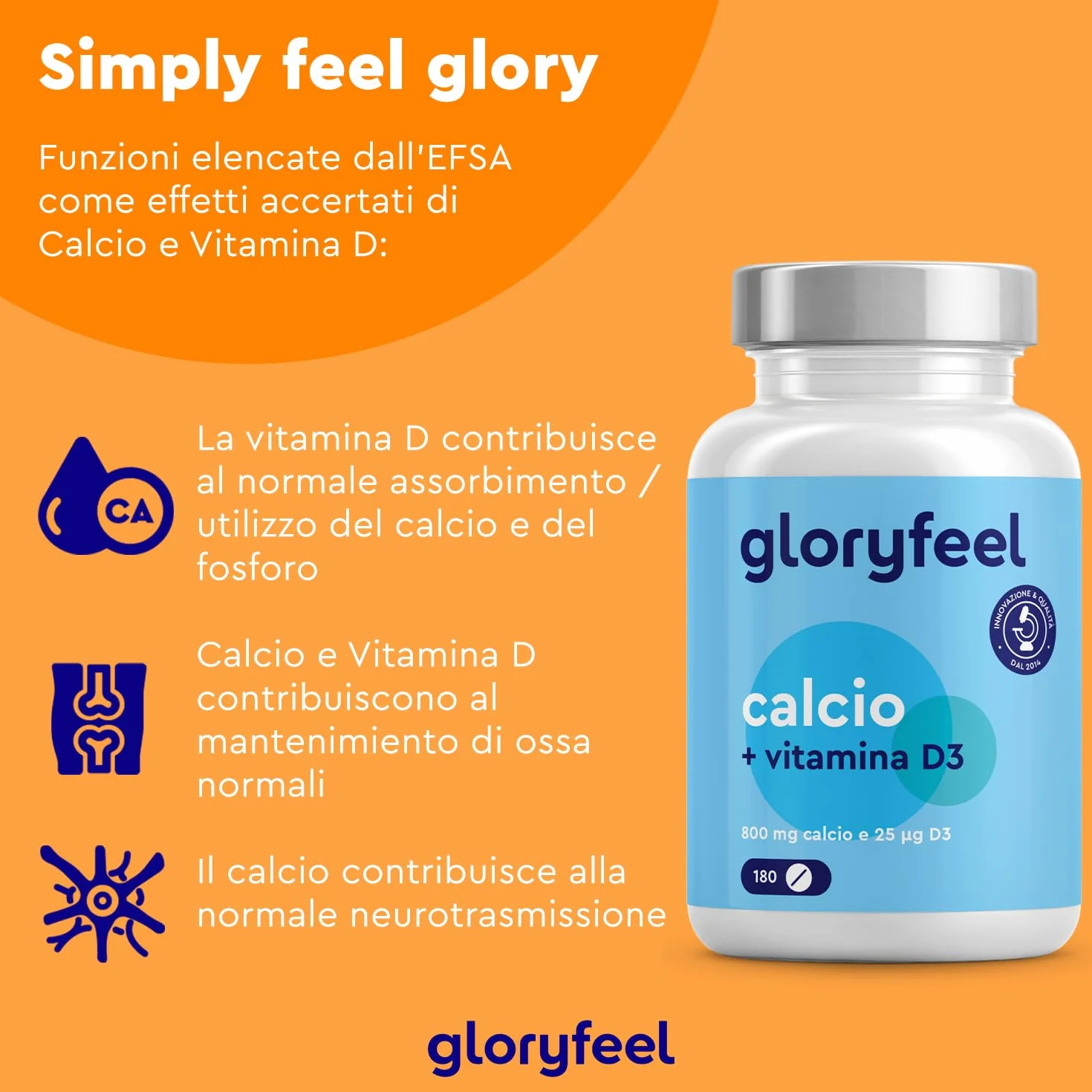 Integratore Calcio e Vitamina D3, 180 Compresse, Eletto PRODOTTO DELL'ANNO 2025, (Scorta per 3 Mesi), Calcio 800 mg e Vitamina D3 25µg, Integratore per il Supporto delle Ossa*, Senza OGM