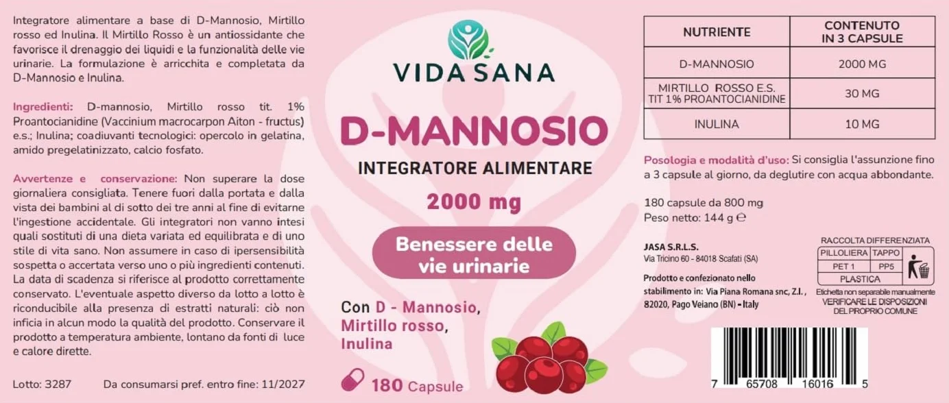 D-Mannosio Puro 2200 mg con Mirtillo Rosso 180 Capsule Integratore per Vie Urinarie e Cistite