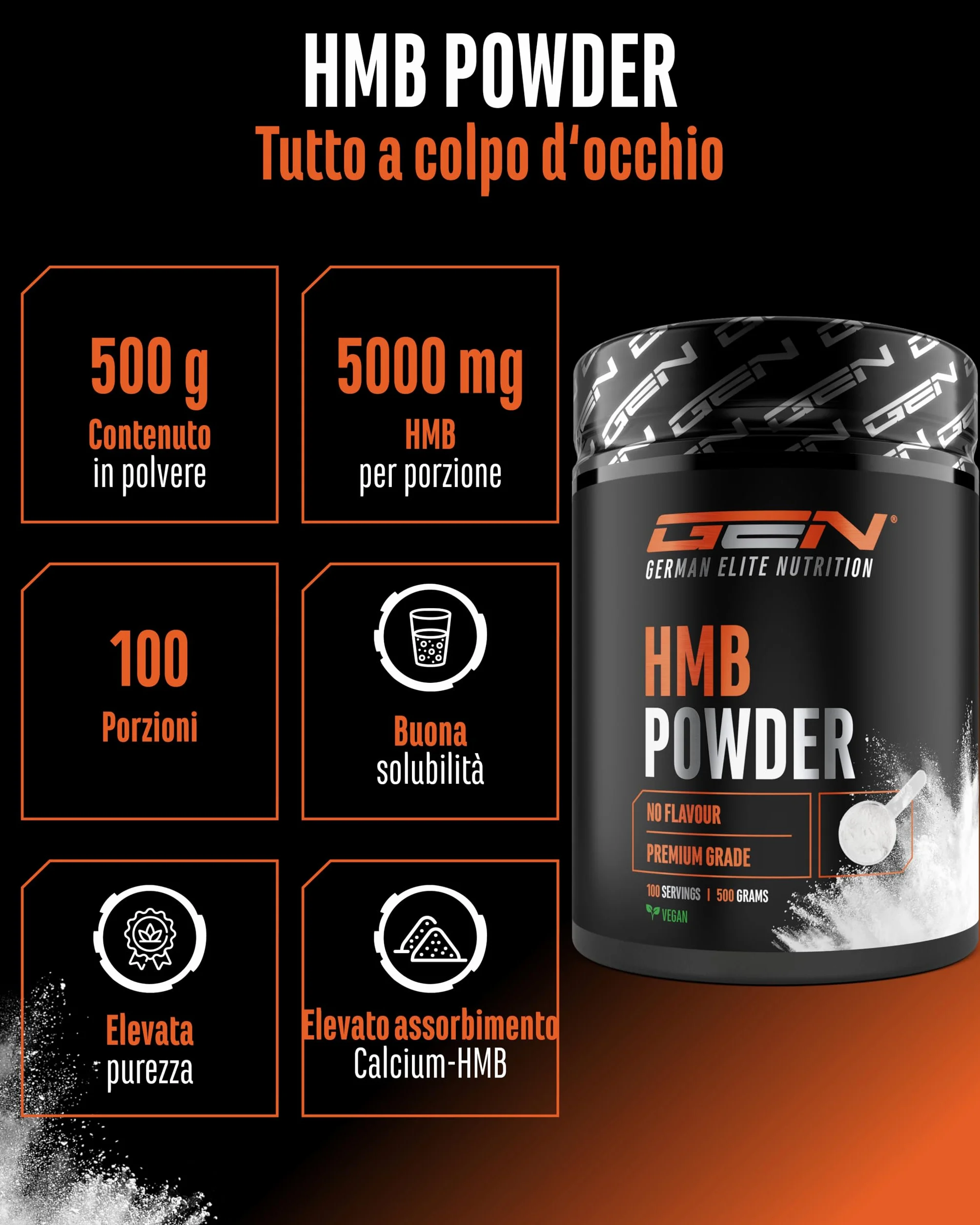 HMB in Polvere 500 g - Calcio-HMB ad alta purezza - Beta-Idrossi-Beta-Metilbutirrato - 100 Porzioni - Senza additivi, Vegano