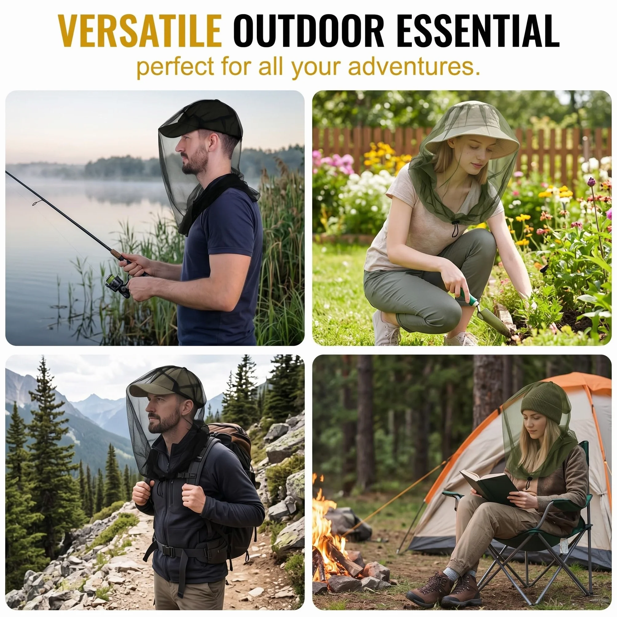 Cappello con Rete Antizanzare 46x46cm, Protezione Insetti Viso e Collo, per Pesca Campeggio Apicoltura, Nero Verde Militare