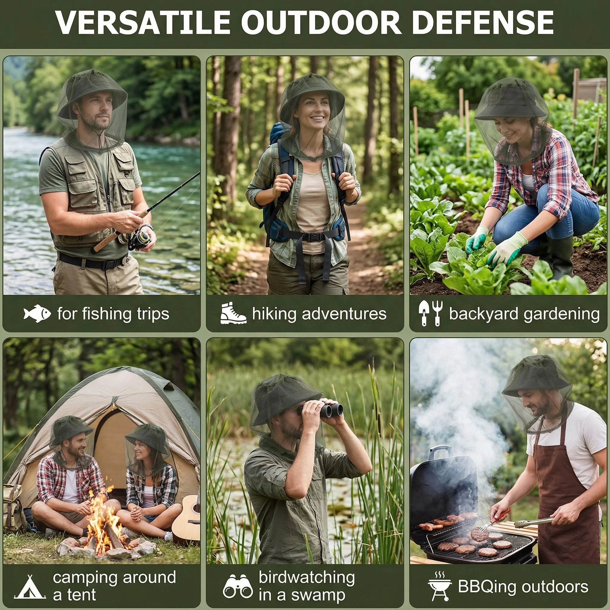 Zanzariera da Testa per Insetti 1 Pezzo Rete Anti-Zanzare per Adulti Compatibile Cappelli Pesca Escursionismo Camping Verde Oliva