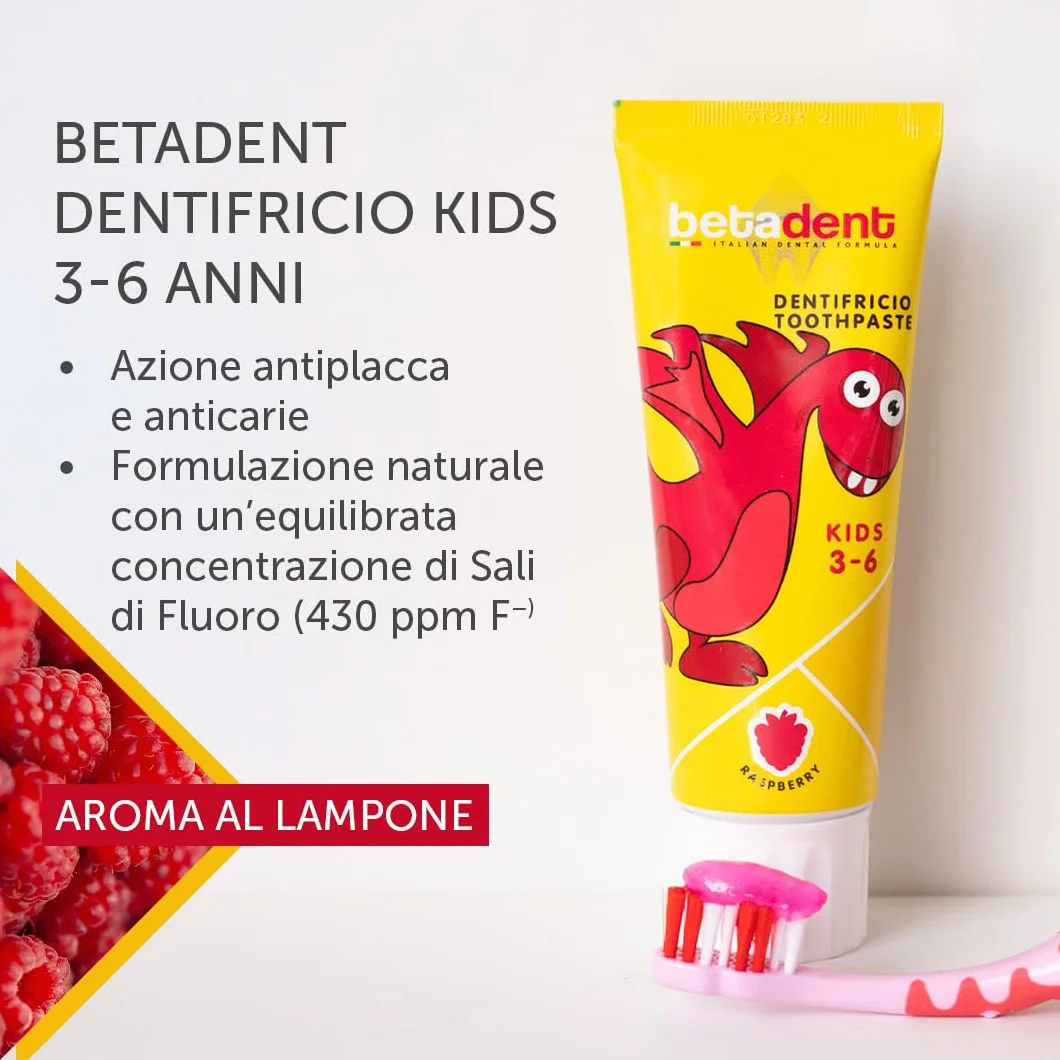 Betadent DENTIFRICIO KIDS per bambini 3-6 anni. Gusto Lampone. Azione anti placca e anti carie. Equilibrato dosaggio di Sali di Fluoro alla concentrazione di 430 ppm F - 75 ml
