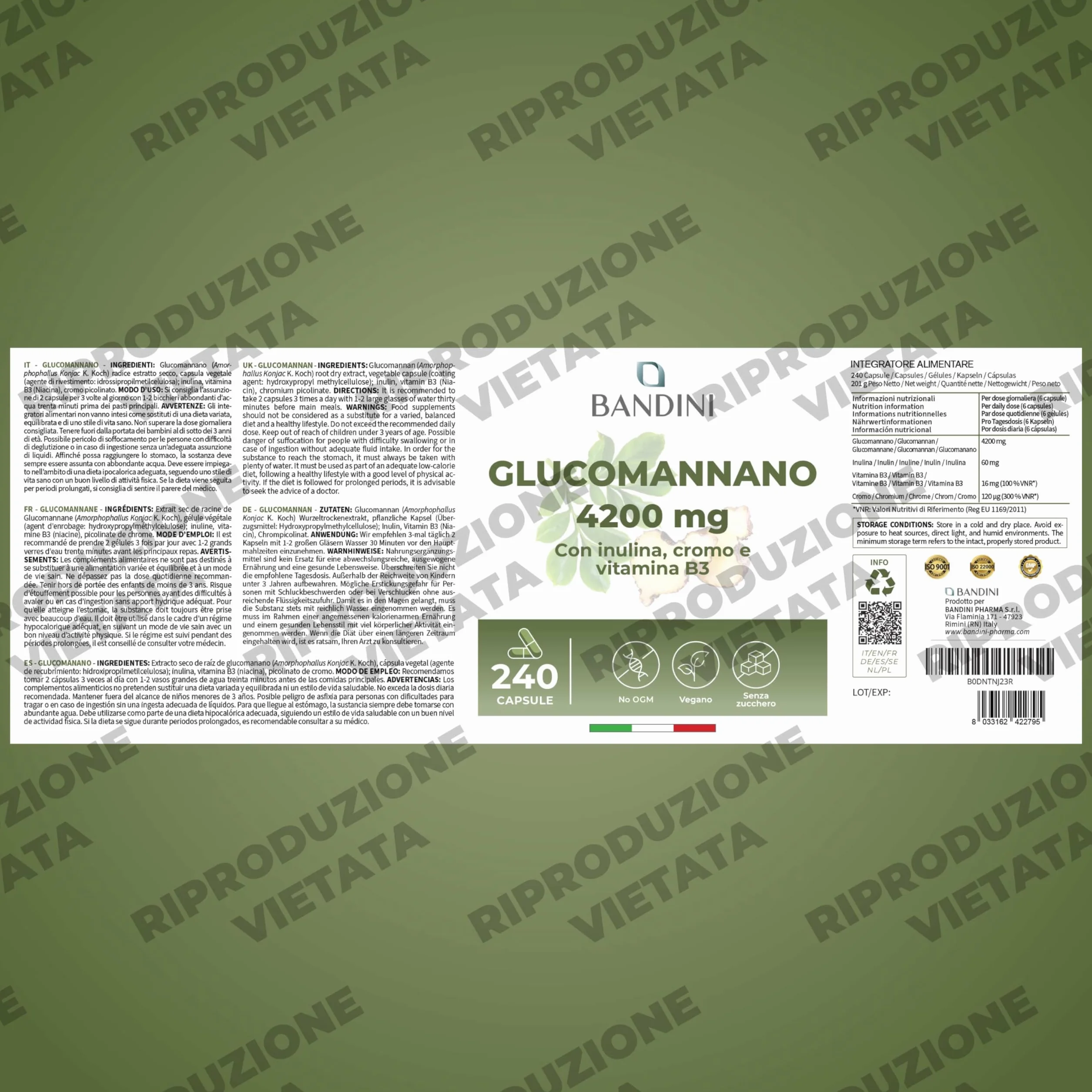 Bandini® GLUCOMANNANO FORTE 4.200 mg per Dose Giornaliera, 240 CAPSULE, Arricchito con Cromo, Vitamina B3 e Inulina, Integratore Alimentare con Formula Ad Alto Dosaggio, 100% Vegan, Made in Italy