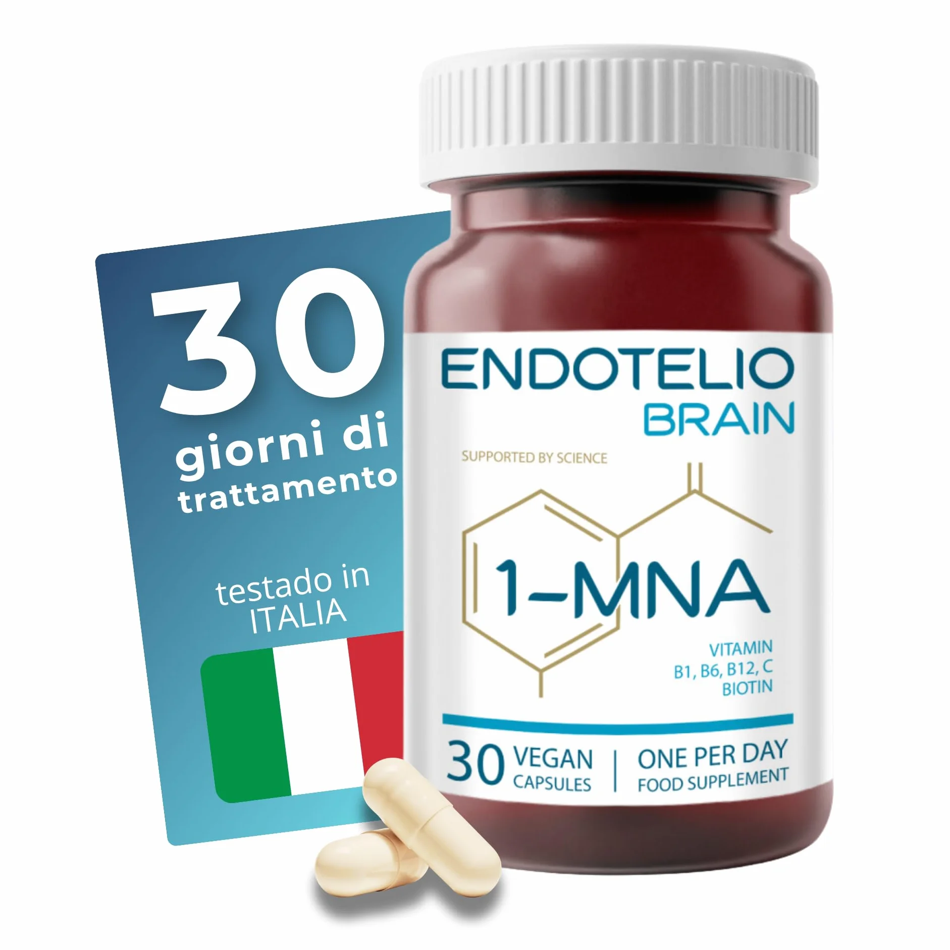 1-MNA Brain, Integratore Anti-Età, Ottimizza Naturalmente NAD+ con Ginkgo Biloba, Zinco, Biotina, Vitamine C, B1, B5, B6, B12, Salute Cellulare, Memoria, Concentrazione, 30 Compresse