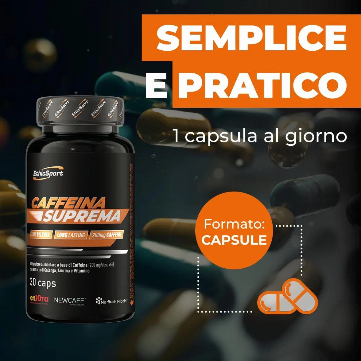 ETHICSPORT Caffeina Suprema 200 mg Caffeina a rilascio modulato NEWCAFF EnXtra Teanina Taurina 30 capsule vegetali