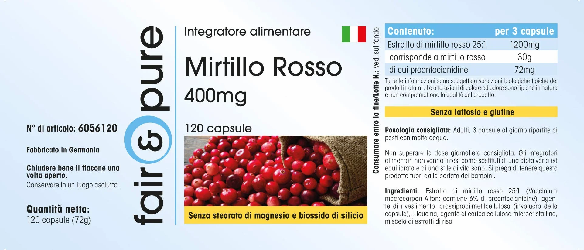 Fair & Pure ® Estratto di Mirtillo rosso 400mg - Estratto di Cranberry 30.000 mg (30g) - Vegan - 120 Capsule