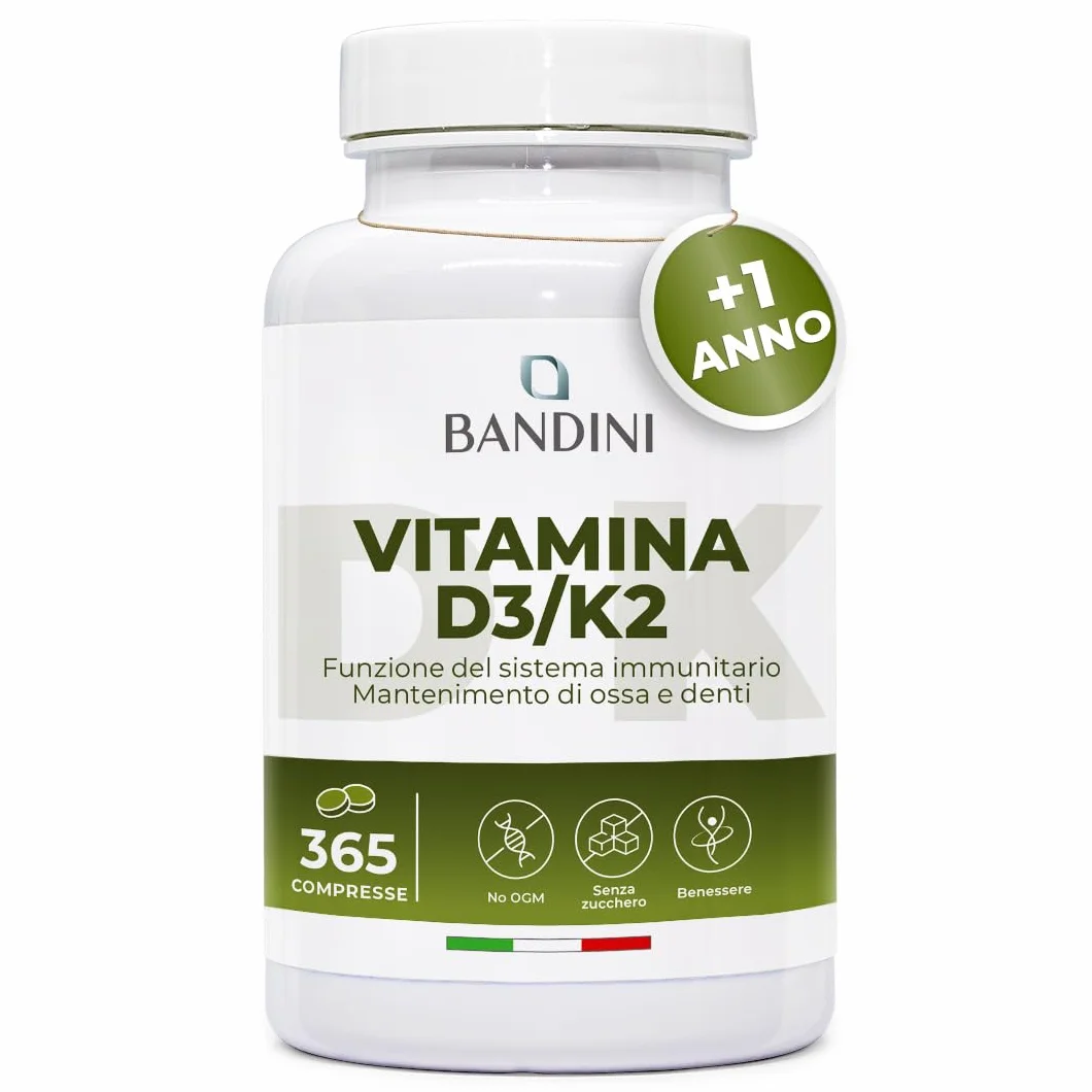Bandini Vitamina D3 K2 365 Compresse 2000 UI + 200 mcg MK-7 99% All Trans per Ossa Denti Muscoli Articolazioni Sistema Immunitario