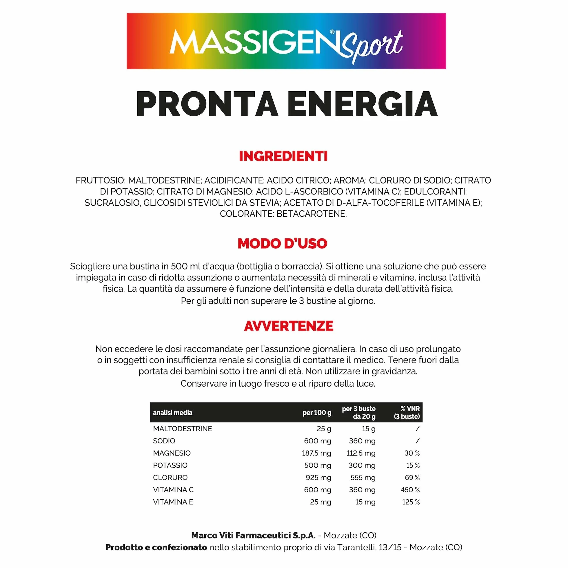 Massigen - Pronta Energia Sport, Integratore Energetico con Maltodestrine, Minerali e Vitamine, 12 Bustine da 20 g