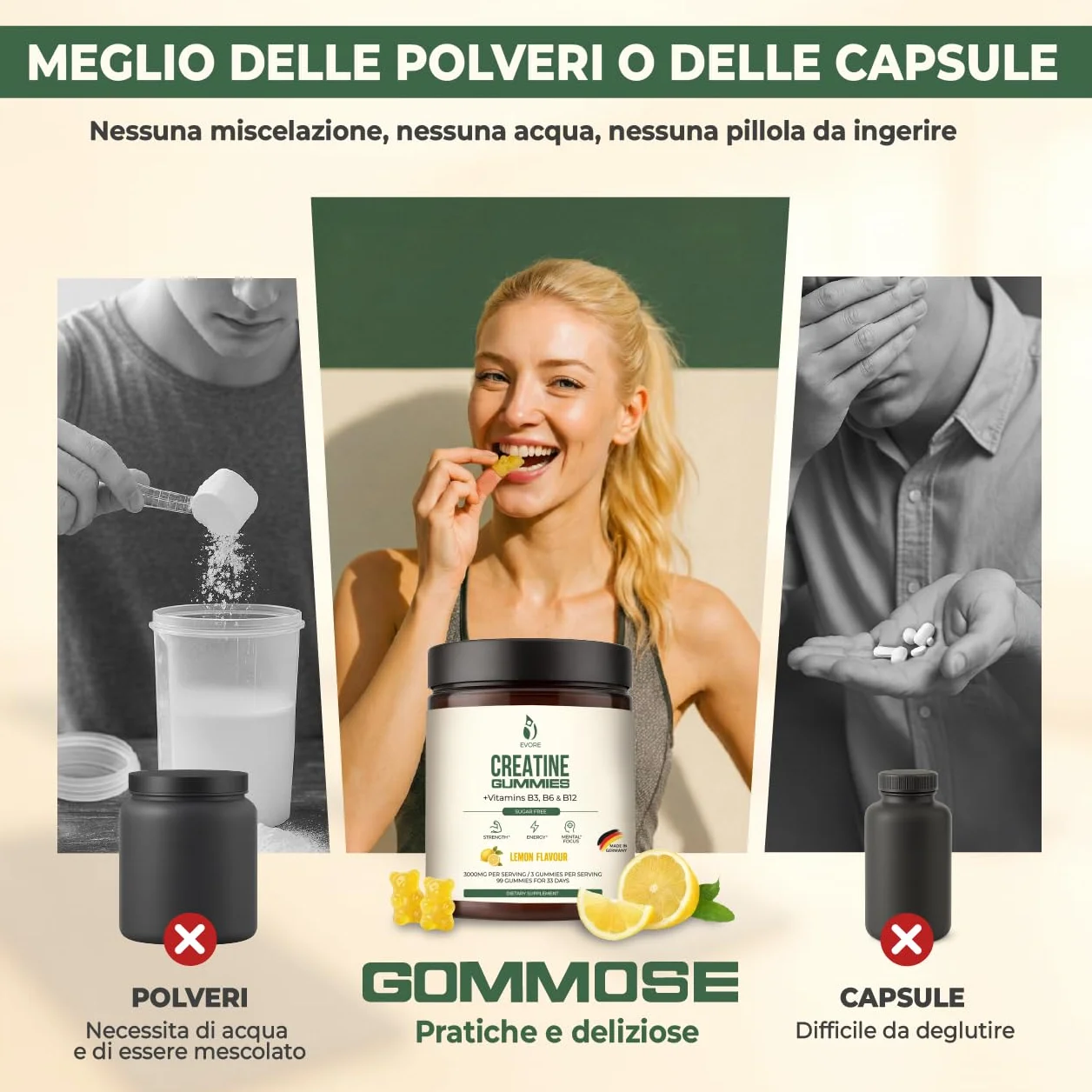 Creatina Gommose – 3000 mg di creatina per porzione – 99 gommose – Testate in laboratorio, prodotte in Germania – con vitamine B3, B6 e B12 – Alternativa a capsule e polvere – Gusto limone