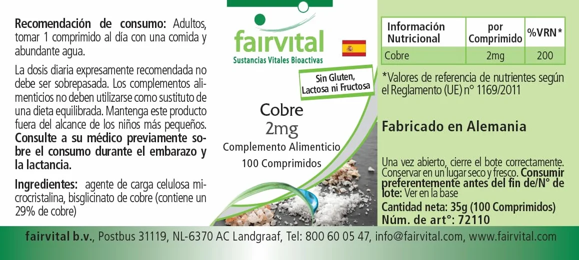 fairvital Compresse di rame 2 mg, ALTO DOSAGGIO, integratore alimentare a base di bisglicinato di rame, vegano, 100 compresse, facili da deglutire