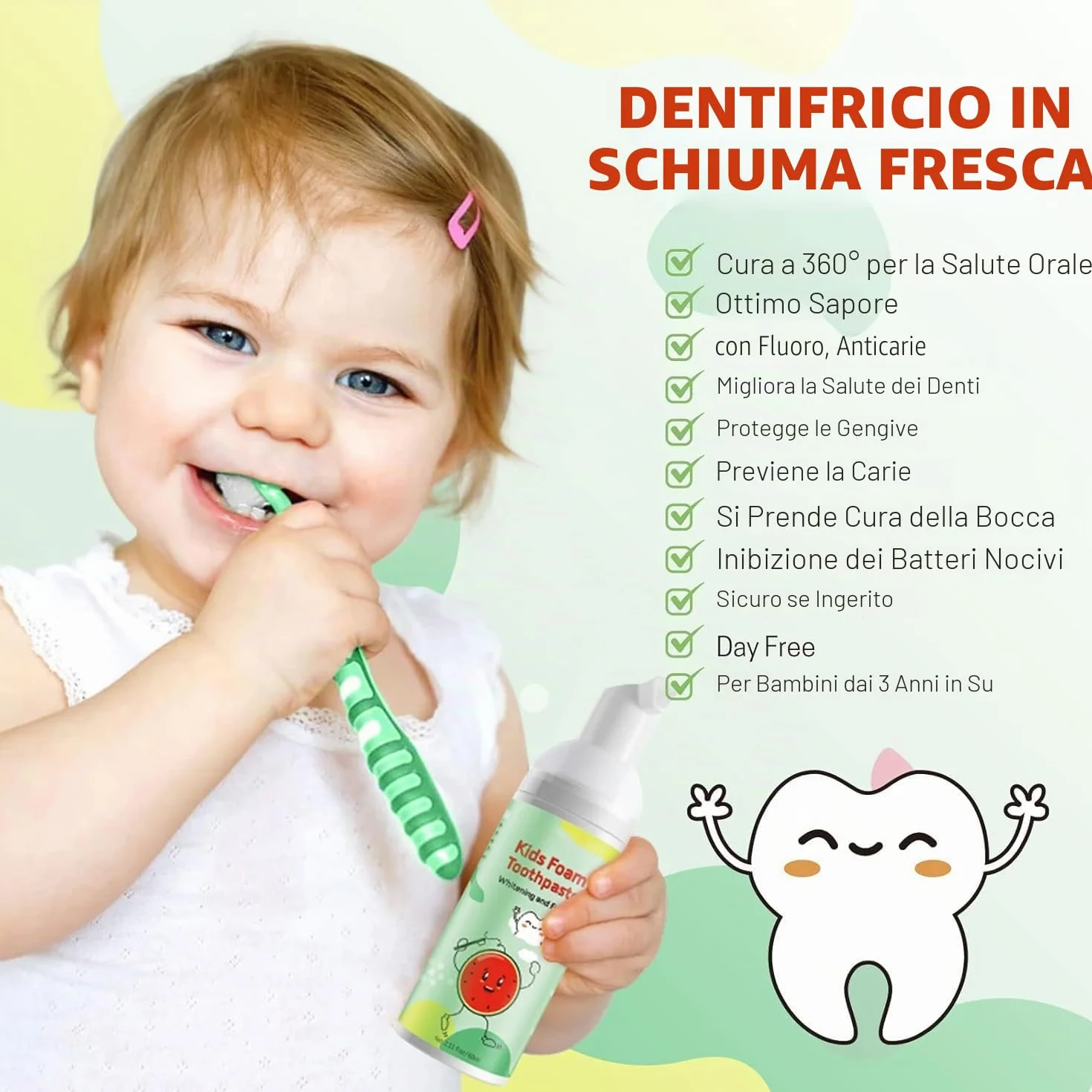 Dentifricio Schiuma Bambini, Riduce la Placca, Dentifricio in Schiuma Sbiancante a Basso Contenuto di Fluoro con Formula Naturale per Spazzolino a Forma di U dai 3 Anni in su (Fragola & Anguria)