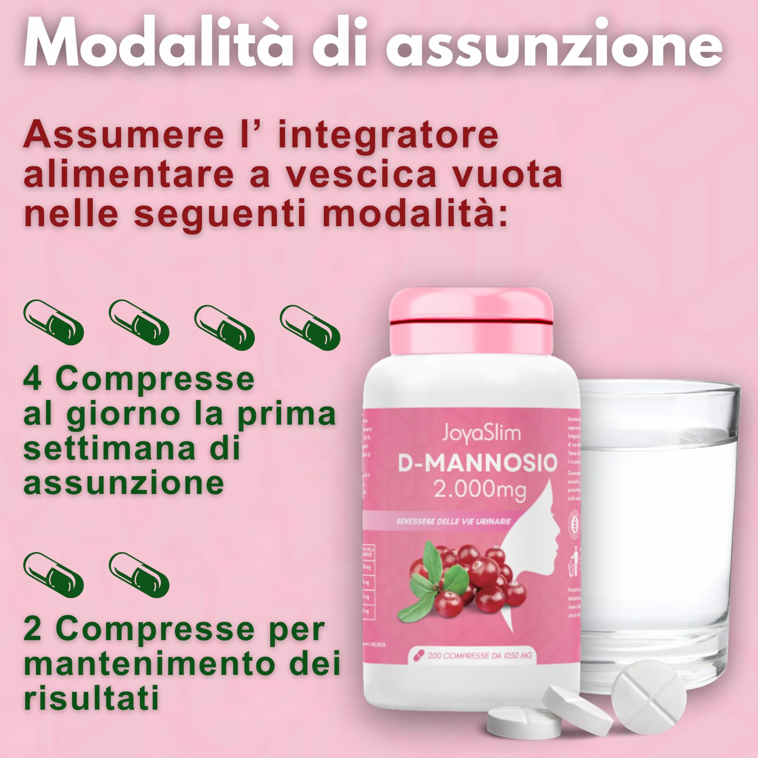 D Mannosio Puro 2000mg. JoyaSlim® Integratore Cistite e Candida. Con Acido Ialuronico, Mirtillo Rosso e Inulina. 200 Compresse (Fornitura 3 Mesi) Supporto Naturale Vie Urinarie Donna e Uomo