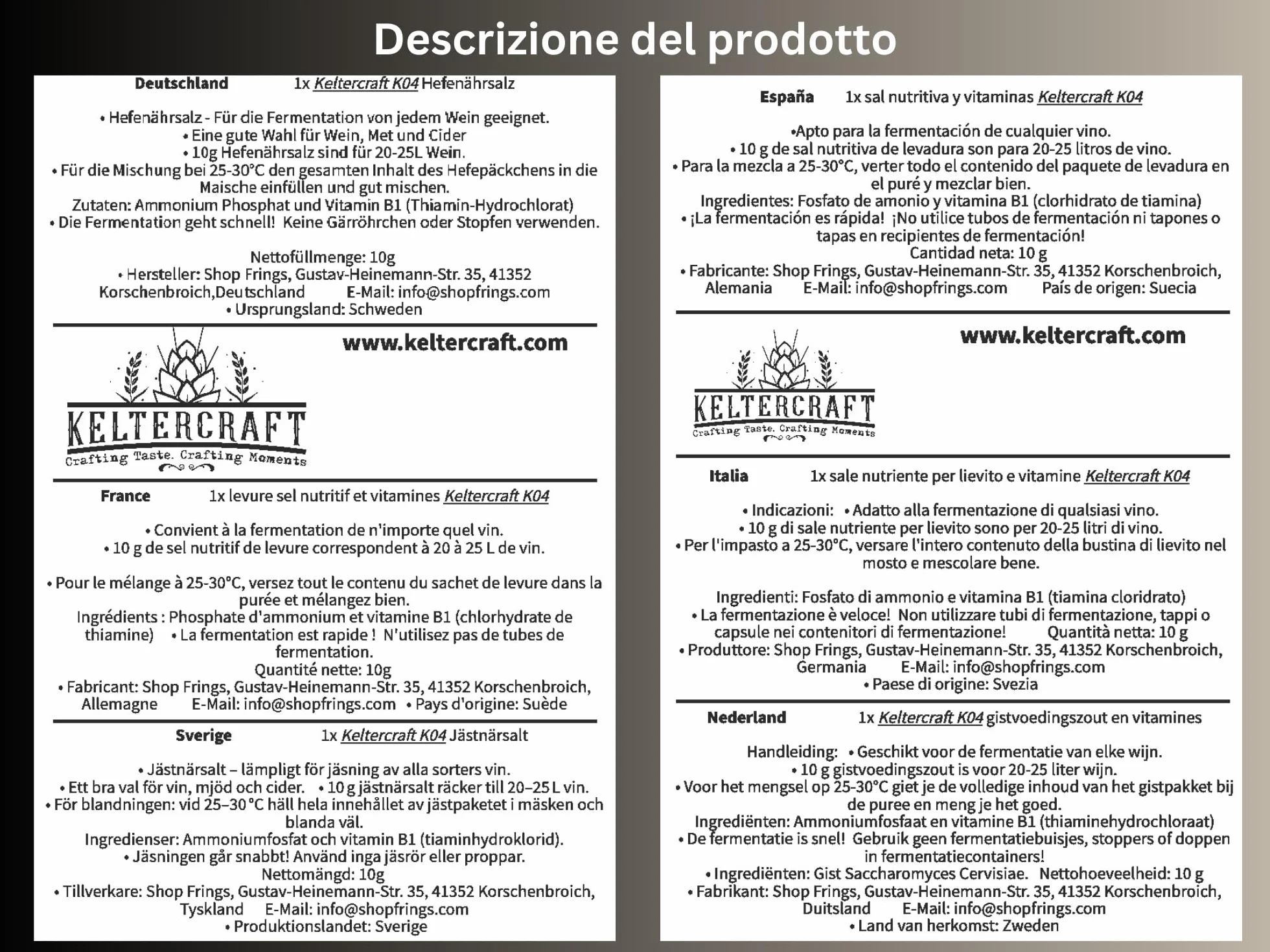 Keltercraft K04 Sale Nutriente per Lievito per Fermentazione DAP con Vitamine 10g per 25L Vino Idromele Sidro